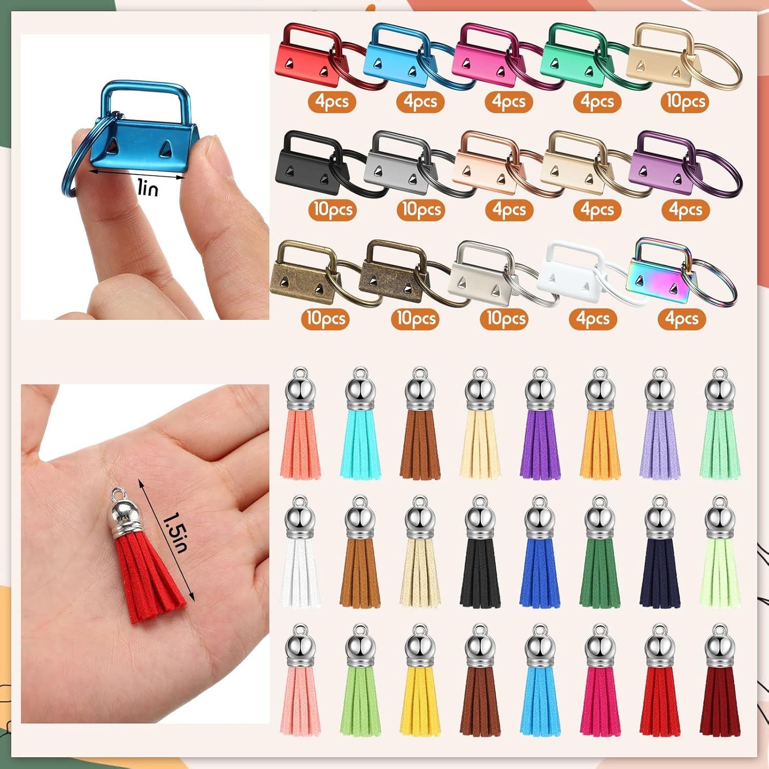 Landical 192 Pcs Keychain Hardware Set, 96 Key Fob Hardware 96 Tassels, 1'' Keychain 1.5'' Tassels Bulk Charms for DIY Craft Supplies - Image 2
