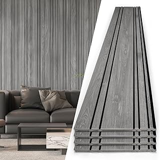 4-Pack Wood Grain Wall Panels, 104"x12" (Fits Floor to Ceiling No Splicing), Thin & Lightweight with Outstanding 3D Effect, for Living Room & Bedroom & Bathroom Decoration, Earth Grey Oak