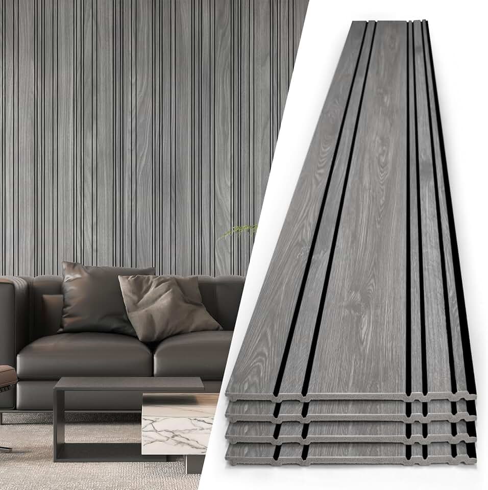Art3d 4-Pack Glue-On Wall Panels, Wood Grain Texture Interior Wall Decor, 104"x12" Recycled Polystyrene Wainscoting Panels, Low Emission for Living Room Bedroom, Grey Oak