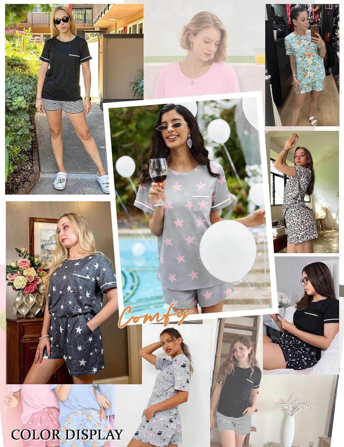 Ekouaer Womens Pajamas Sets Shorts 2 Piece Short Sleeve Lounge Sets Round Neck Sleepwear Soft Pjs with Pockets - Image 5