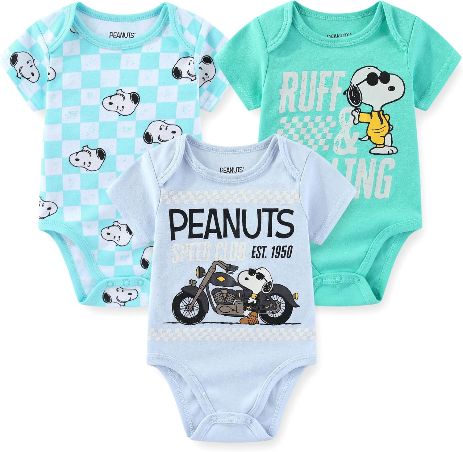 Peanuts Snoopy Baby Boys 3 Pack Bodysuit Creeper for Newborn and Infant