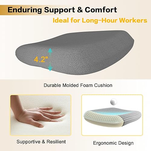 Miniatura 15 de Silla de oficina ergonómica para largas horas y alivio del dolor de espalda baja, cojín de asiento de espuma viscoelástica, soporte lumbar acolchado