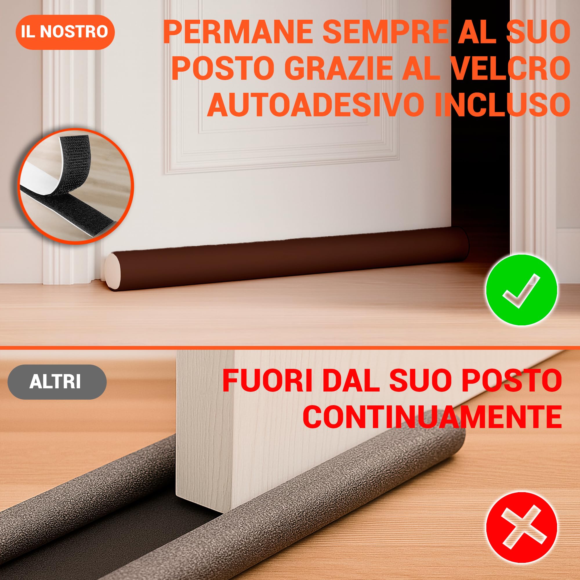 Paraspifferi Sottoporta per Porte Interne ed Esterne da 5,5 cm di Spessore e Lunghezza di 92 cm | Guarnizione Insonorizzante per Spifferi Porta Ingresso (1x Marrone)