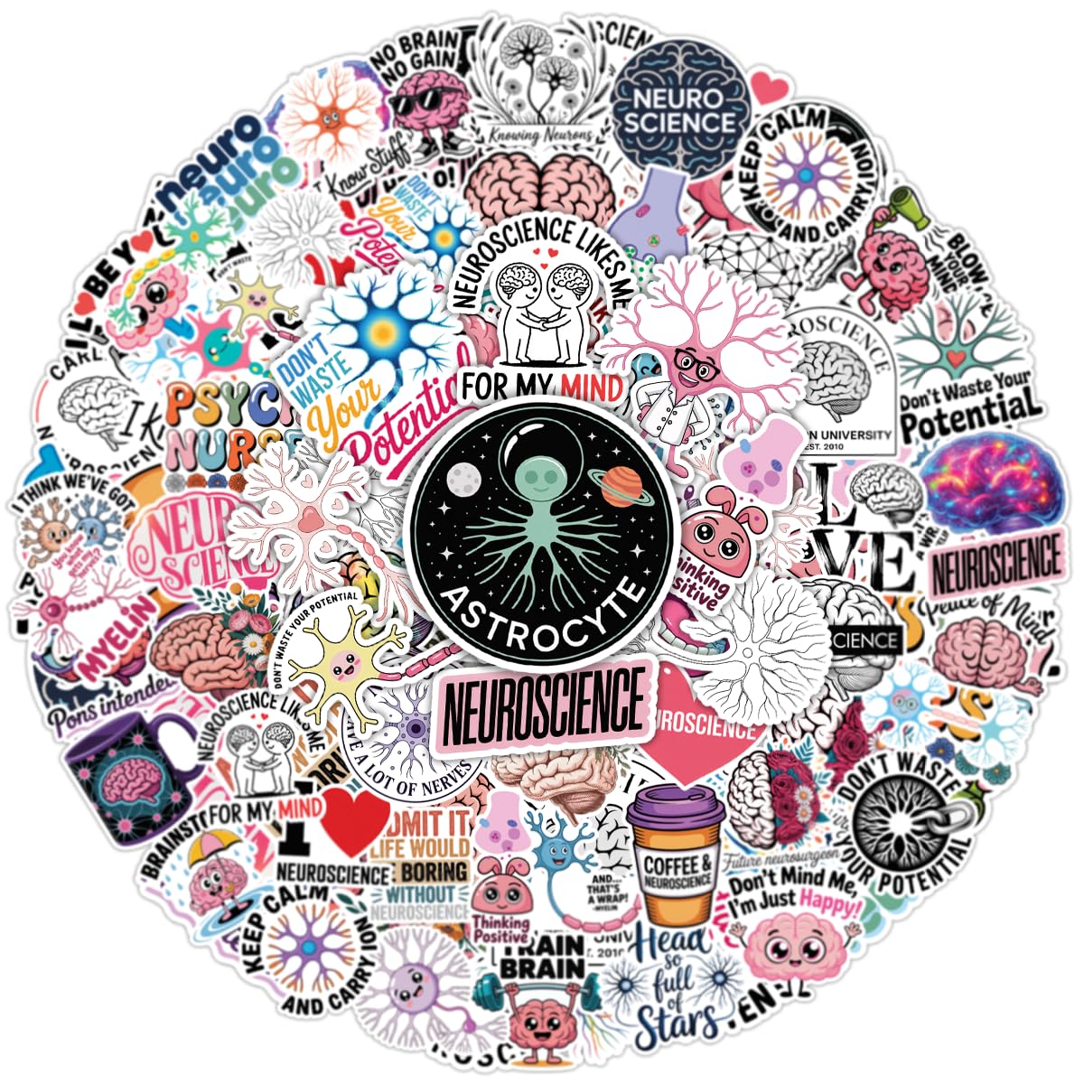 64PCS Neuroscience Brain Stickers – Funny Psychology Neuron Vinyl Stickers for Laptop, Water Bottles, Journals, Medical Students, Psych Nurse Gifts, Mental Health