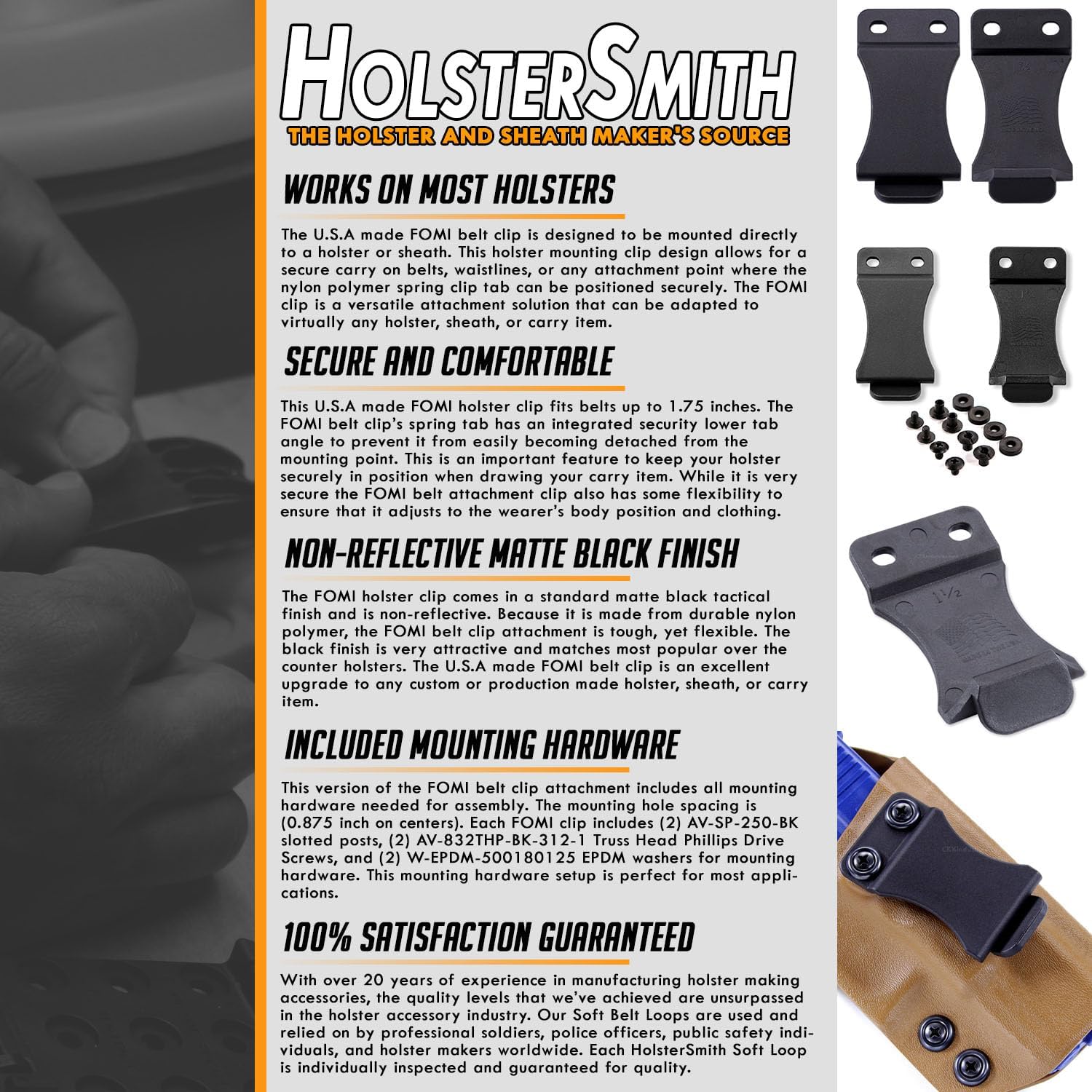 FOMI Holster Belt Clip – IWB/OWB with Mounting Hardware – USA Made - Adjustable Cant - for Kydex Holsters, Knife Sheaths, Belt Attachments, Inside Waistband Clips