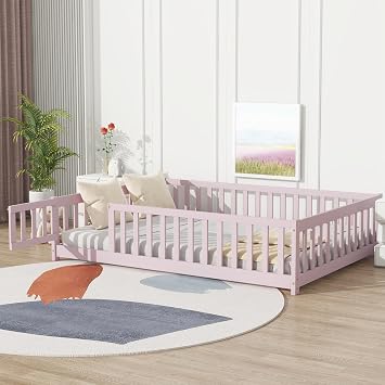 PVWIIK Full Size Floor Bed with Fence and Door and Slats,Rubber Wood Safety Guardrails Floor Bed for Boy,Girl,Kids,Easy Assemble Bedframe,Pink