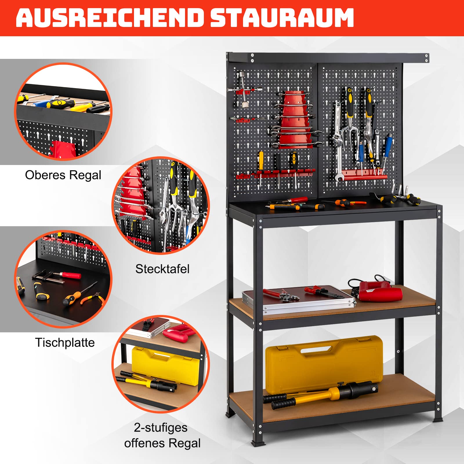 GOPLUS Werkstattregal Lagersystem, Werkbank mit Regal, Stecktafel Schüttenregal, Tischplatte & 2 unteren Regalen, 13 hängenden Zubehörteile, Werkzeughalter für Zuhause Garage Schuppen