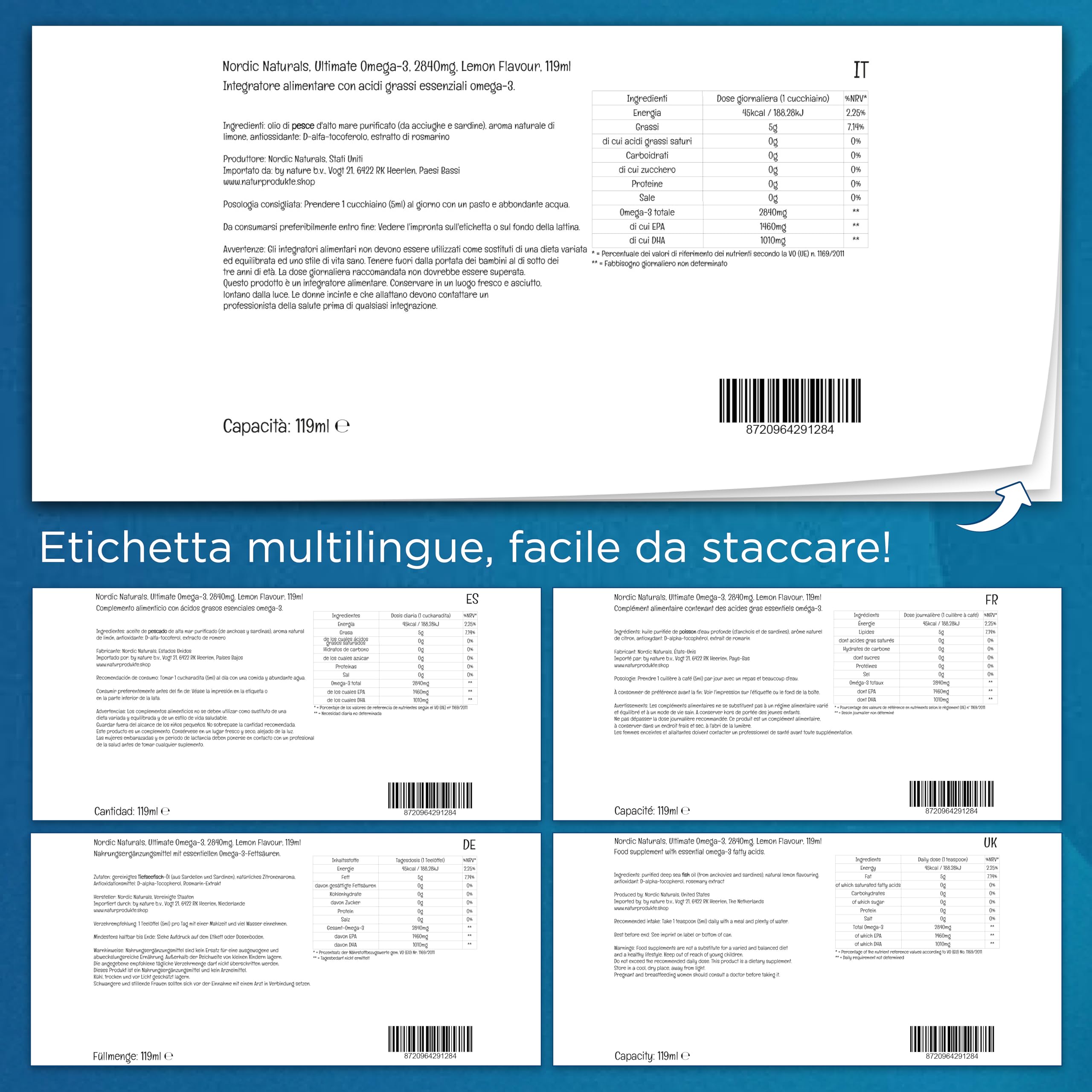 Nordic Naturals, Ultimate Omega, 2840 mg di Omega-3, Olio di Pesce con EPA e DHA, Gusto Limone, 119 ml, Testato in Laboratorio, Senza Soia, Senza Glutine, Non OGM