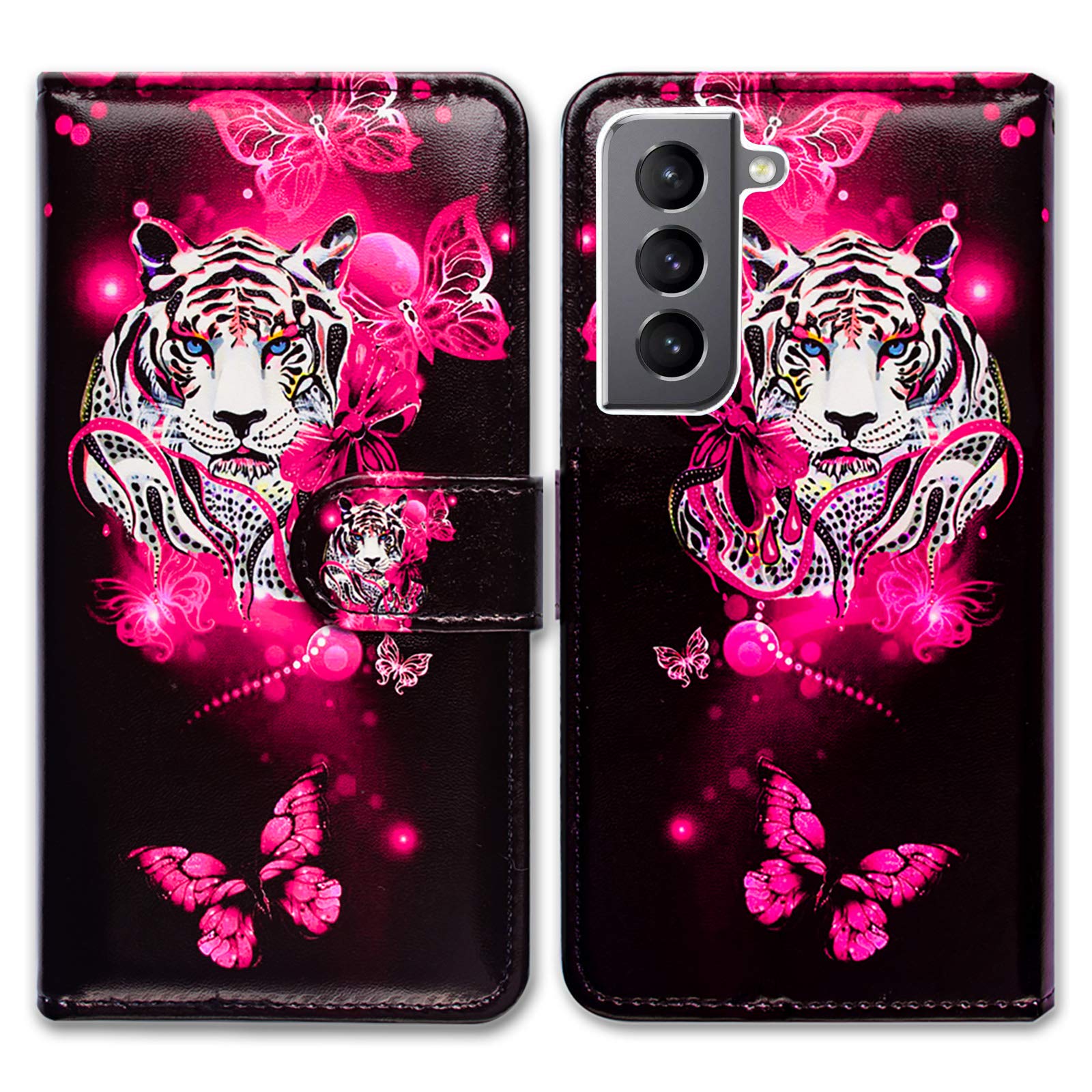 Bcov Case for Galaxy S21 Plus 5G, White Tiger Butterfly Leather Flip Phone Case Wallet Cover with Card Slot Holder Kickstand for Samsung Galaxy S21