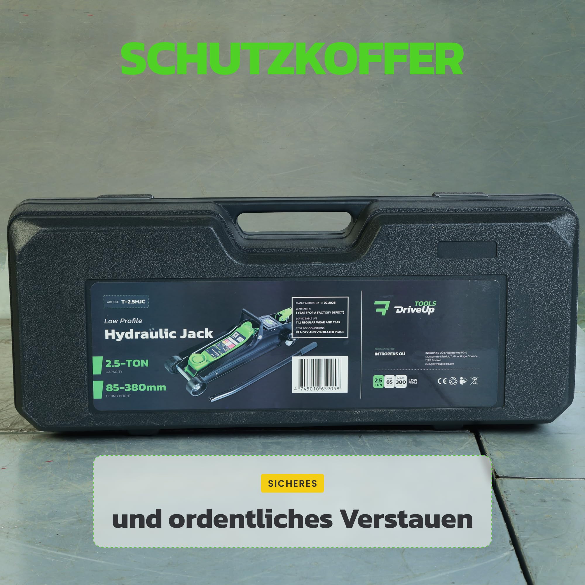 2,5-Tonnen Hydraulischer Wagenheber mit Koffer – Flachprofil, Hubhöhe 8,5–38 cm – Schnellhub mit Gummiauflage – Tragkraft 2500 kg – Tragbarer Wagenheber für Autos & SUVs
