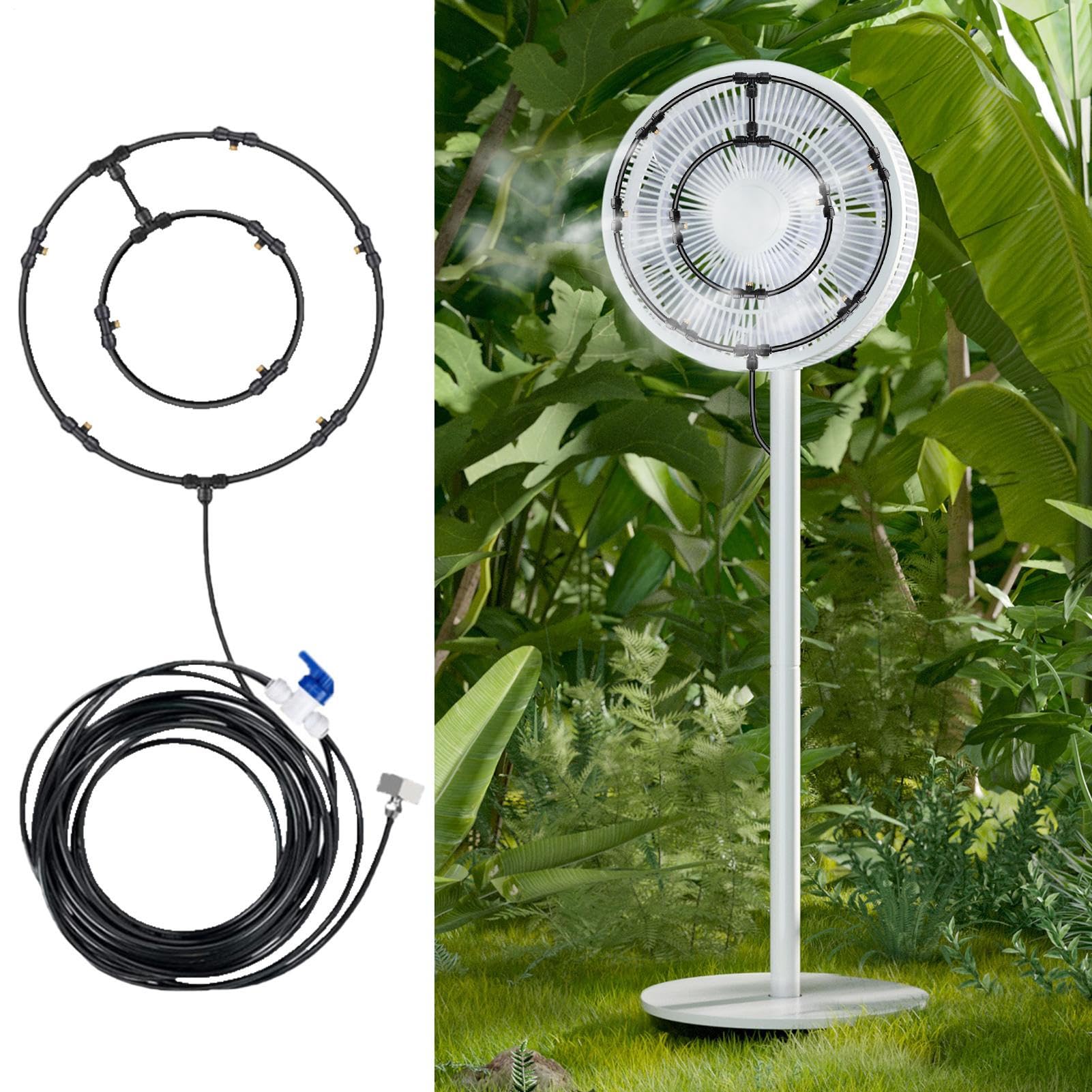 Fan Misting Kit – Fan Mister per esterni, sistema di raffreddamento a nebbia per esterni, kit di aggiornamento Mister Misting, ventilatore ad acqua, per patio, con 6 ugelli rimovibili