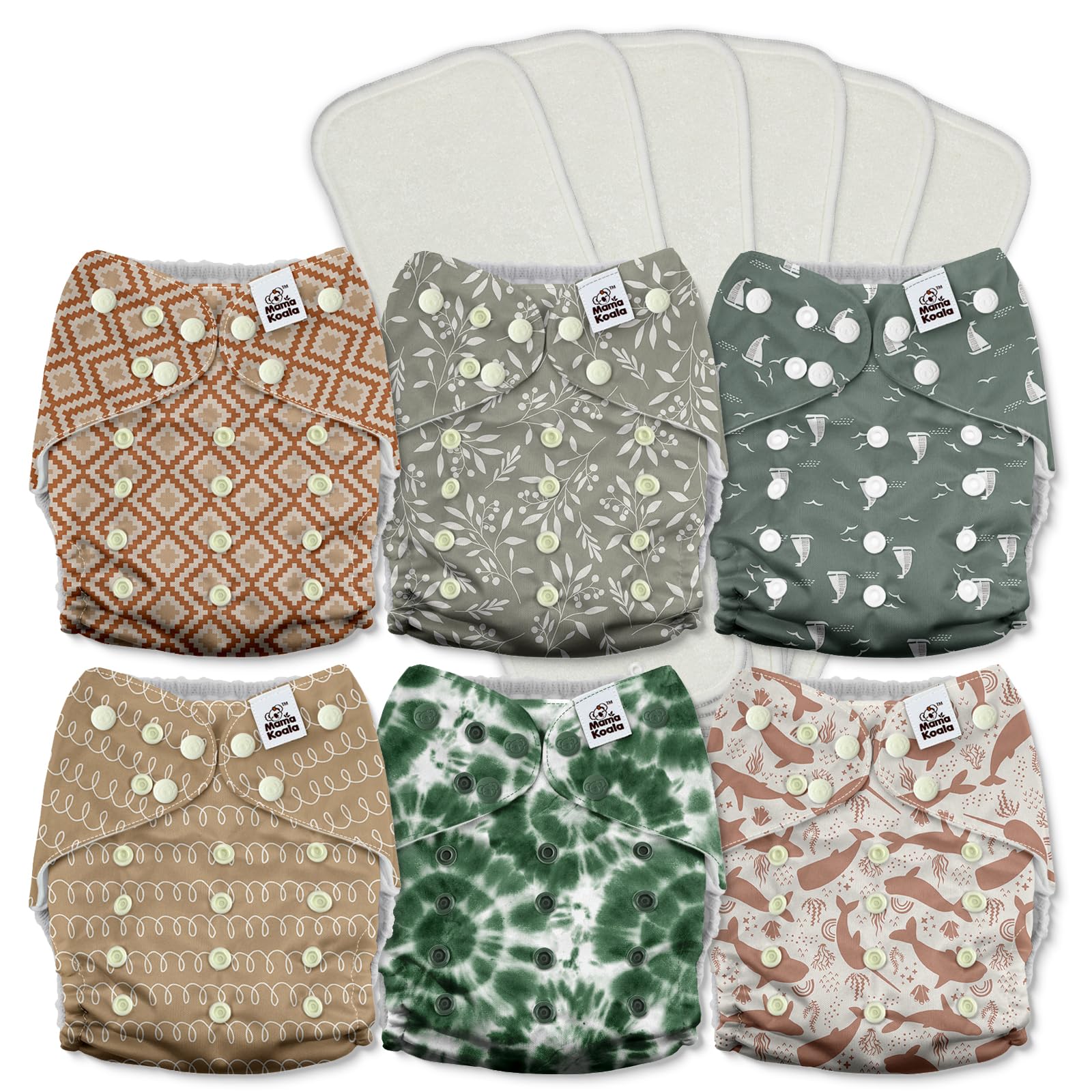 Mama Koala 3.0 Pocket Cloth Diapers for Babies with AWJ Lining, 6 Pack with 6 5-Layer Natural Cloth Diaper Inserts - Reusable and Washable Pocket Diapers(A-Calm Spring)