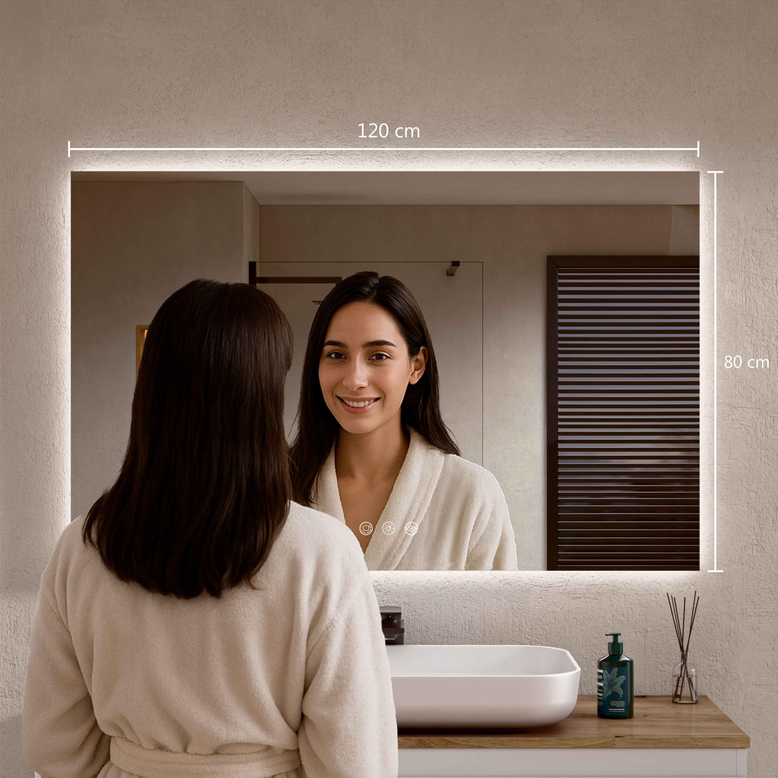 BELLOBATH - Espejo Baño con Luz Led, Luz Ajustable en 3 Colores e Intensidad, Antivaho, Espejos de Baño con Led, Waterproof IP65 - Luz Indirecta - 80cm Alto x 120cm Ancho