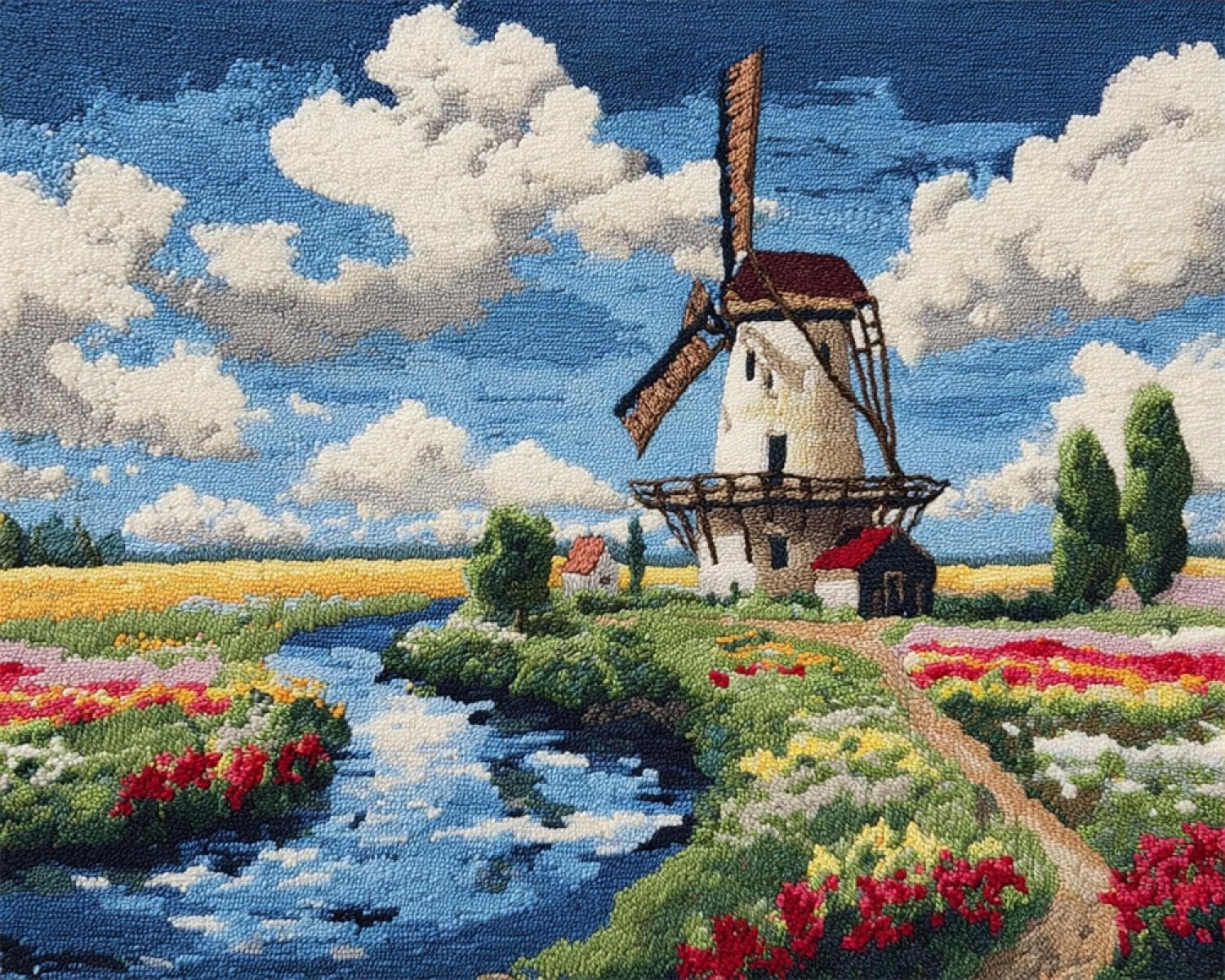 Henypt DIY Latch Hook Rug Kits Flower Field Windmill 80x115cm