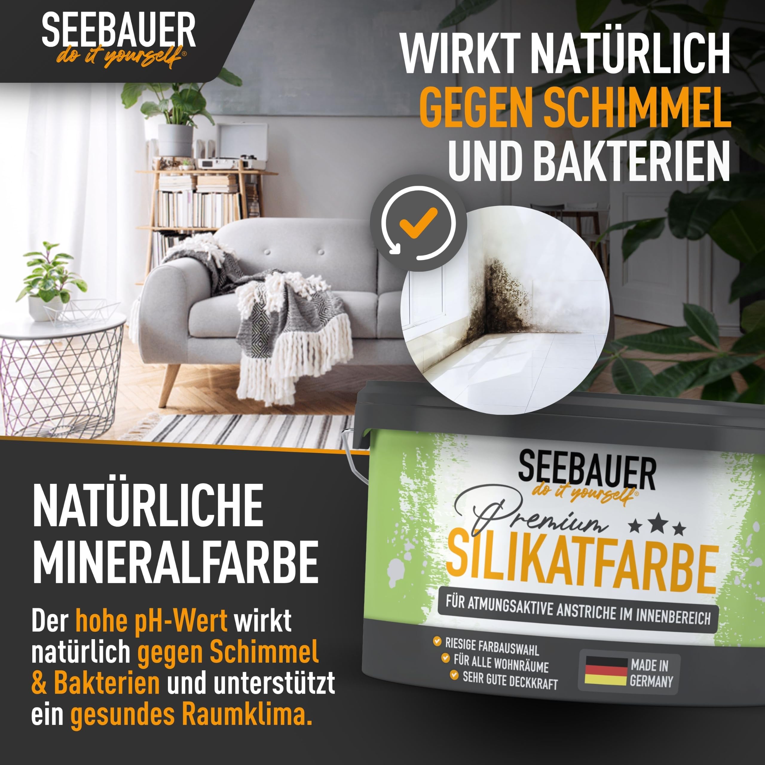 Silikatfarbe Weiß 5L für Innen (No. 000 Weiß) Atmungsaktive Mineralfarbe für Allergiker - Abwaschbare Wandfarbe - Farbtöne hohe Deckkraft