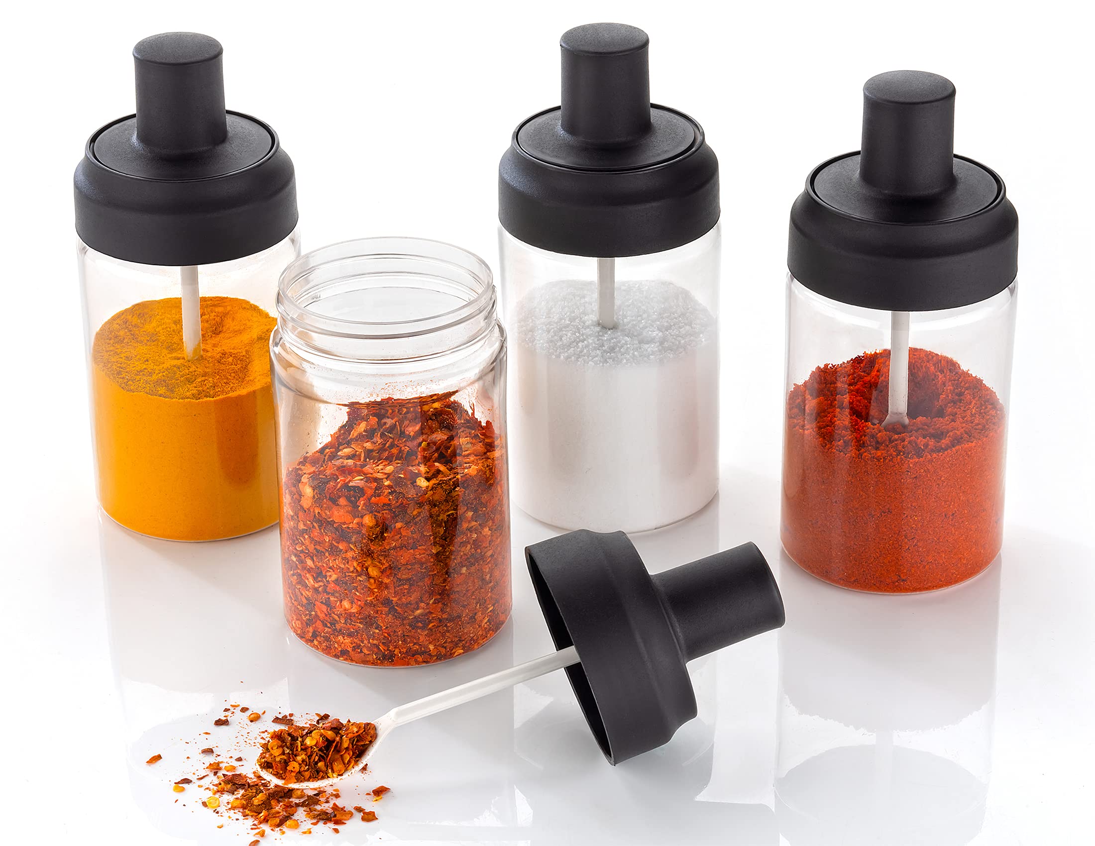 PAYABLE 350ML Plastic 2 Pcs One Handed Concept Spice Jar & Container With Spoon | Mordern Kitchen Organizer Spiece Set With Spoon | Lid Free Easily Use | 2 Jar With Spoon Black & Clear Color Set (2)