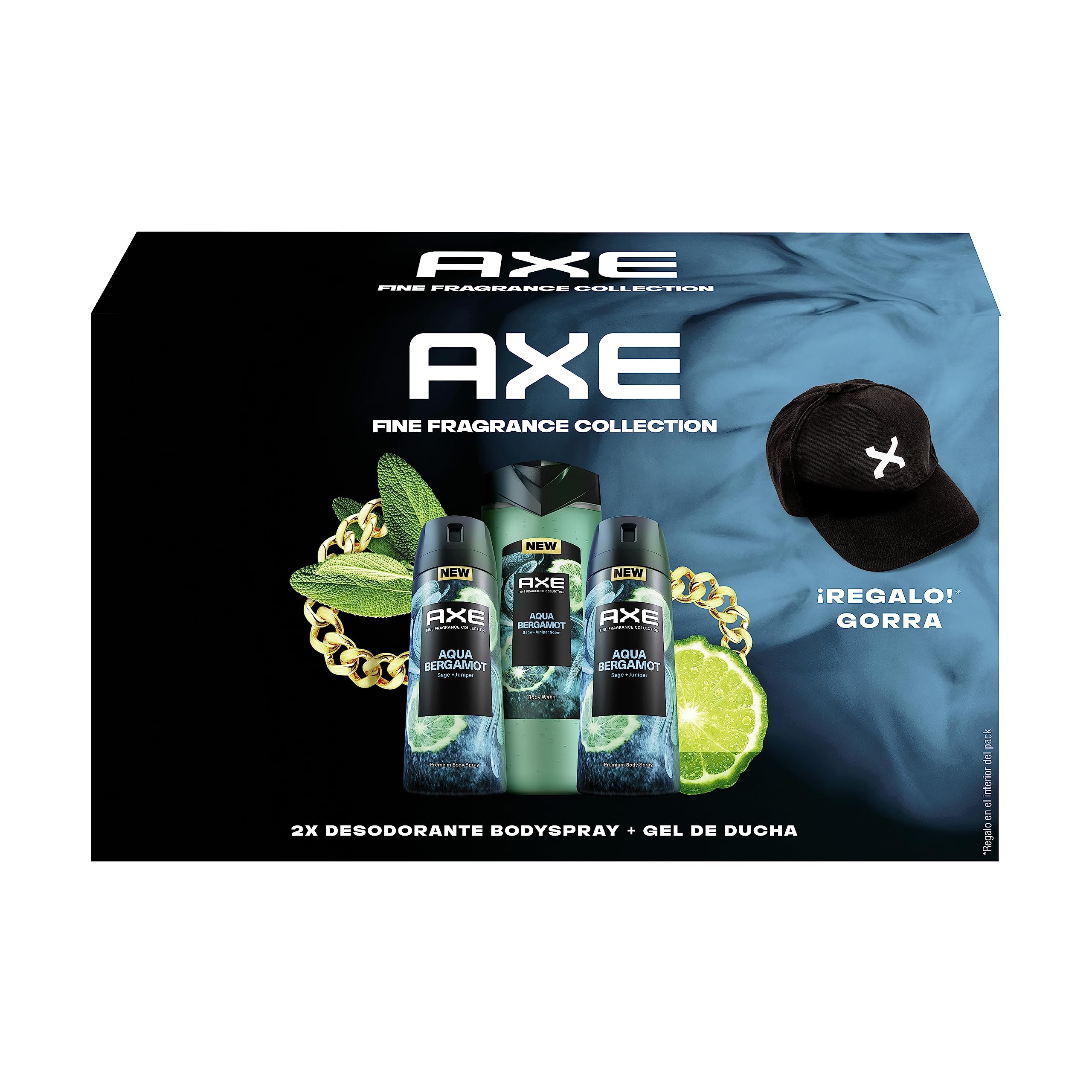 Axe Set Rutina Pack Fine Fragrance Collection Aqua Bergamota REGALO Gorra 2 desodorantes en aerosol 150ml y 1 Gel de Ducha 300ml
