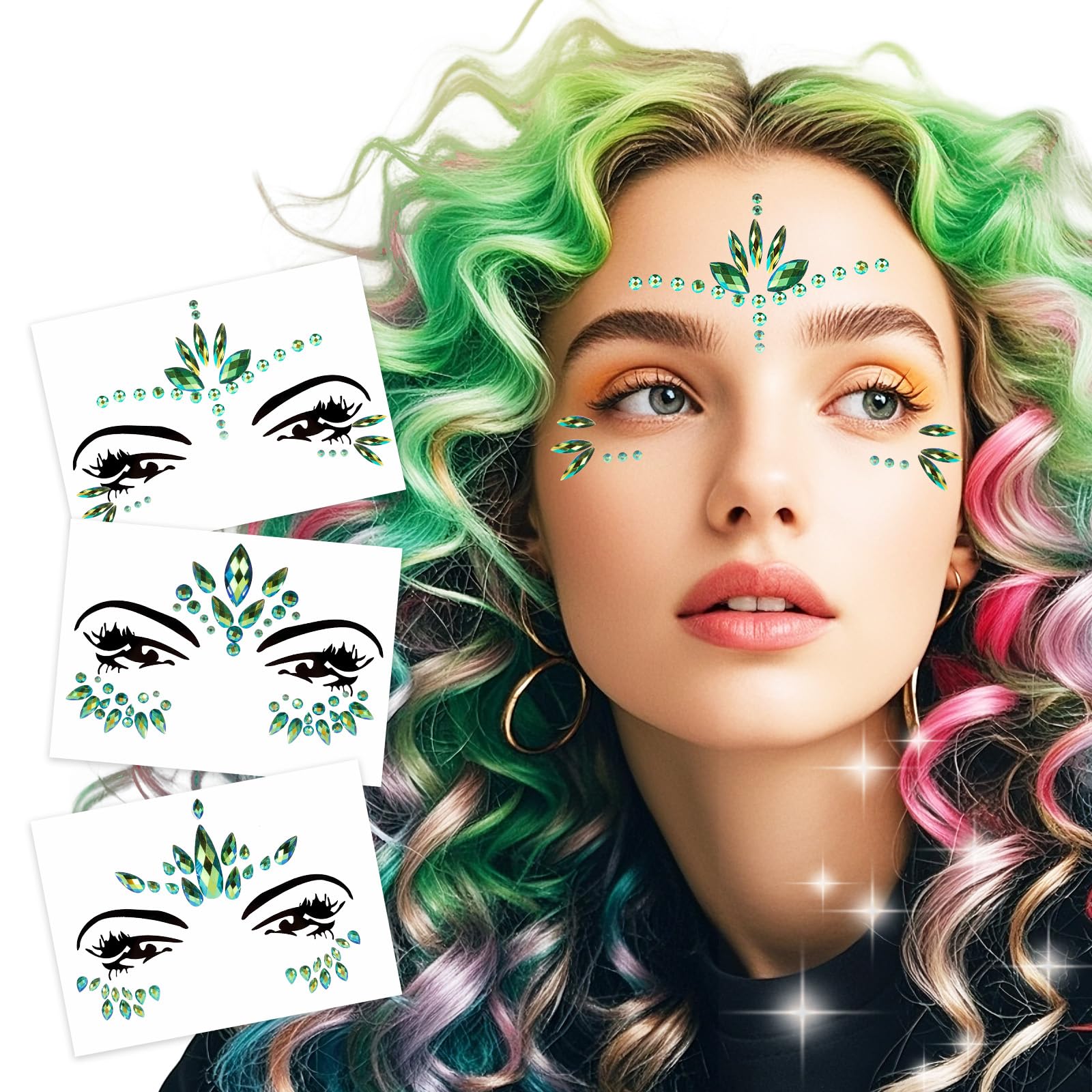 Mermaid Face Gem Jewel Halloween Eye Facial Jewels Tattoo 3-Pack Mermaids Cosplay Face Gem For Women (Green)