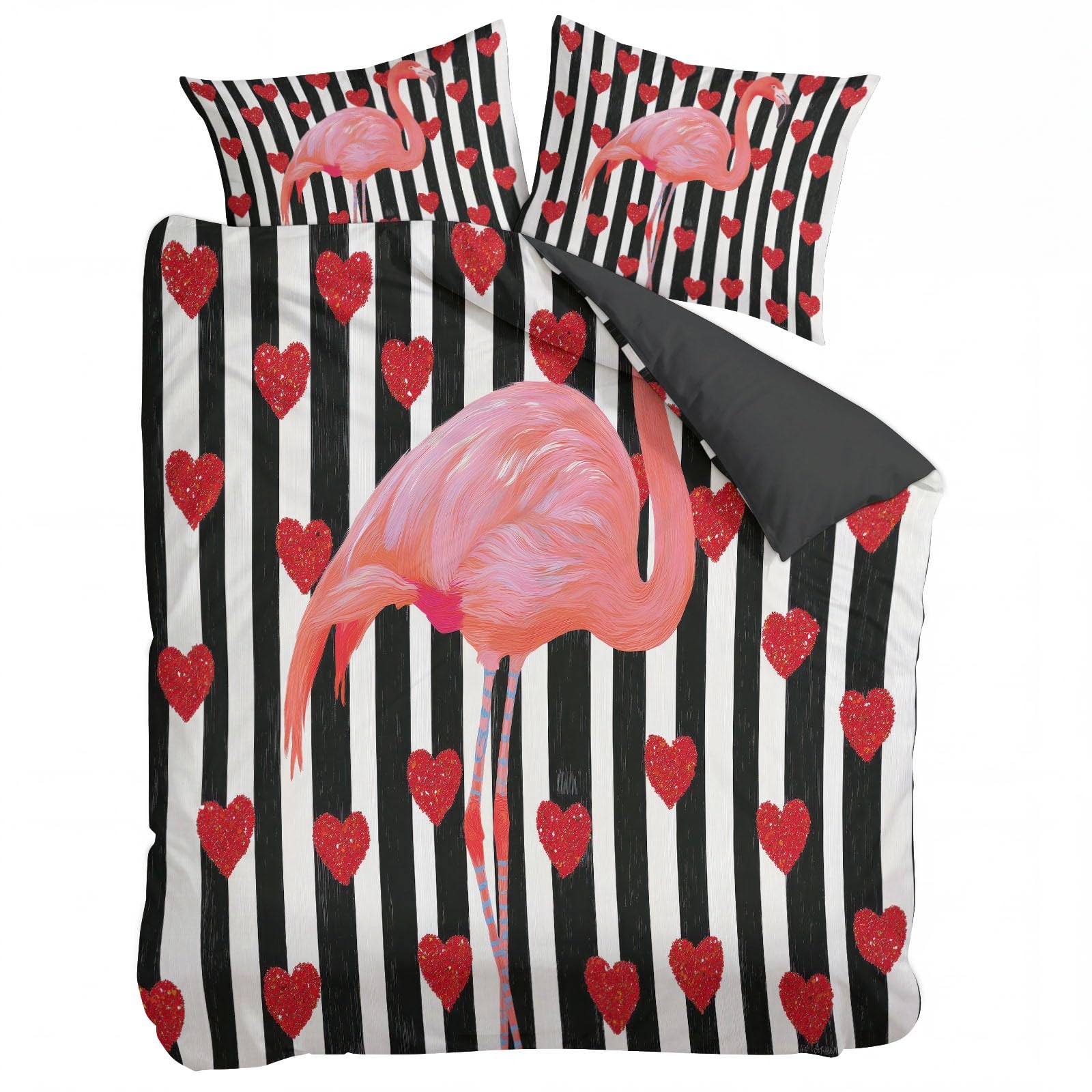 Flamingo Pościel w kształcie serca, 200 x 220 cm, czarna, poszwa na kołdrę z zamkiem błyskawicznym, nowoczesna pościel dwustronna, z mikrofibry, oddychająca, zestaw pościeli z zamkiem błyskawicznym i