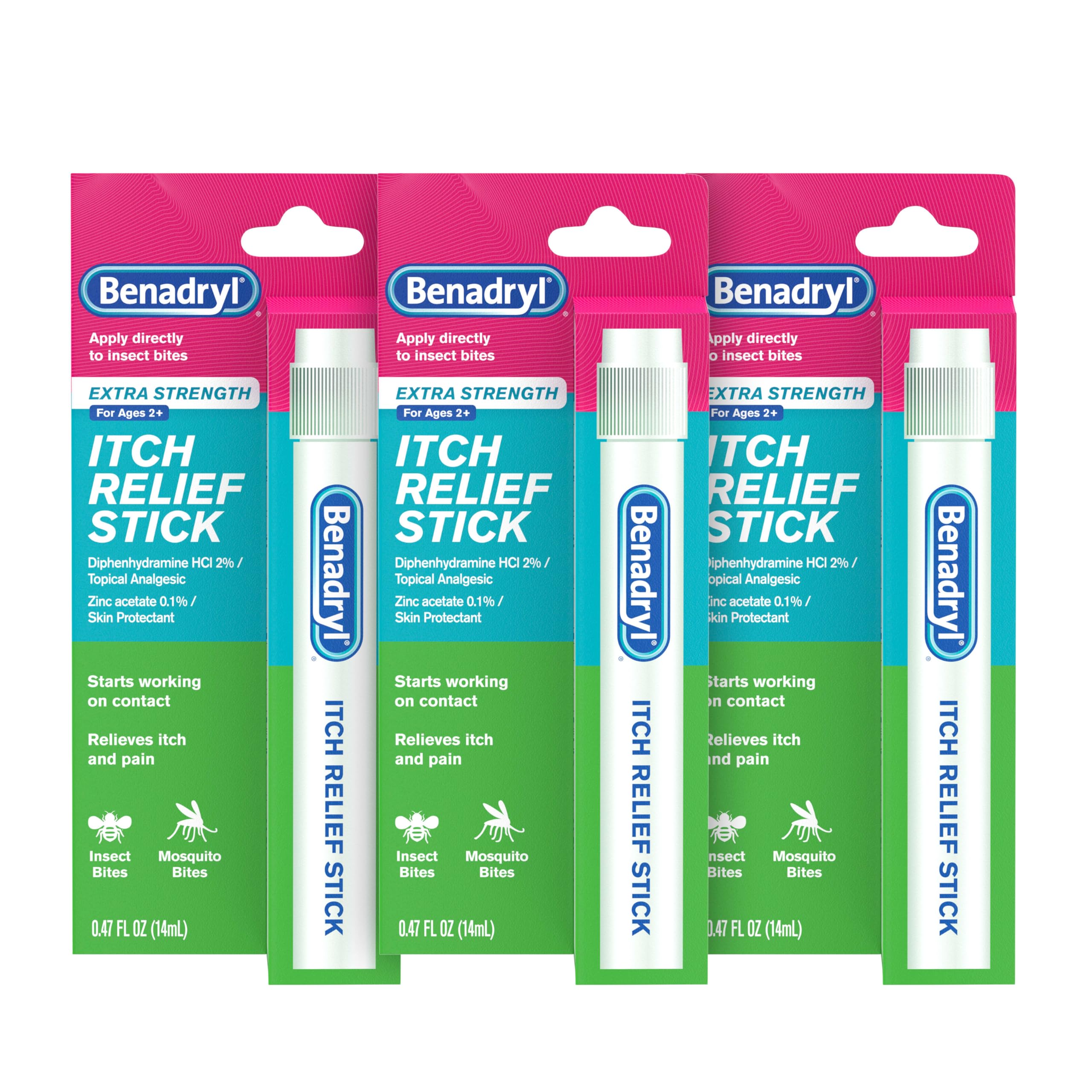 Benadryl Extra Strength Anti-Itch Relief Stick, Bug Bite Itch Relief, Diphenhydramine HCl Topical Analgesic & Zinc Acetate Skin Protectant, Great for Camping Essentials, 0.47 fl oz (Pack of 3)