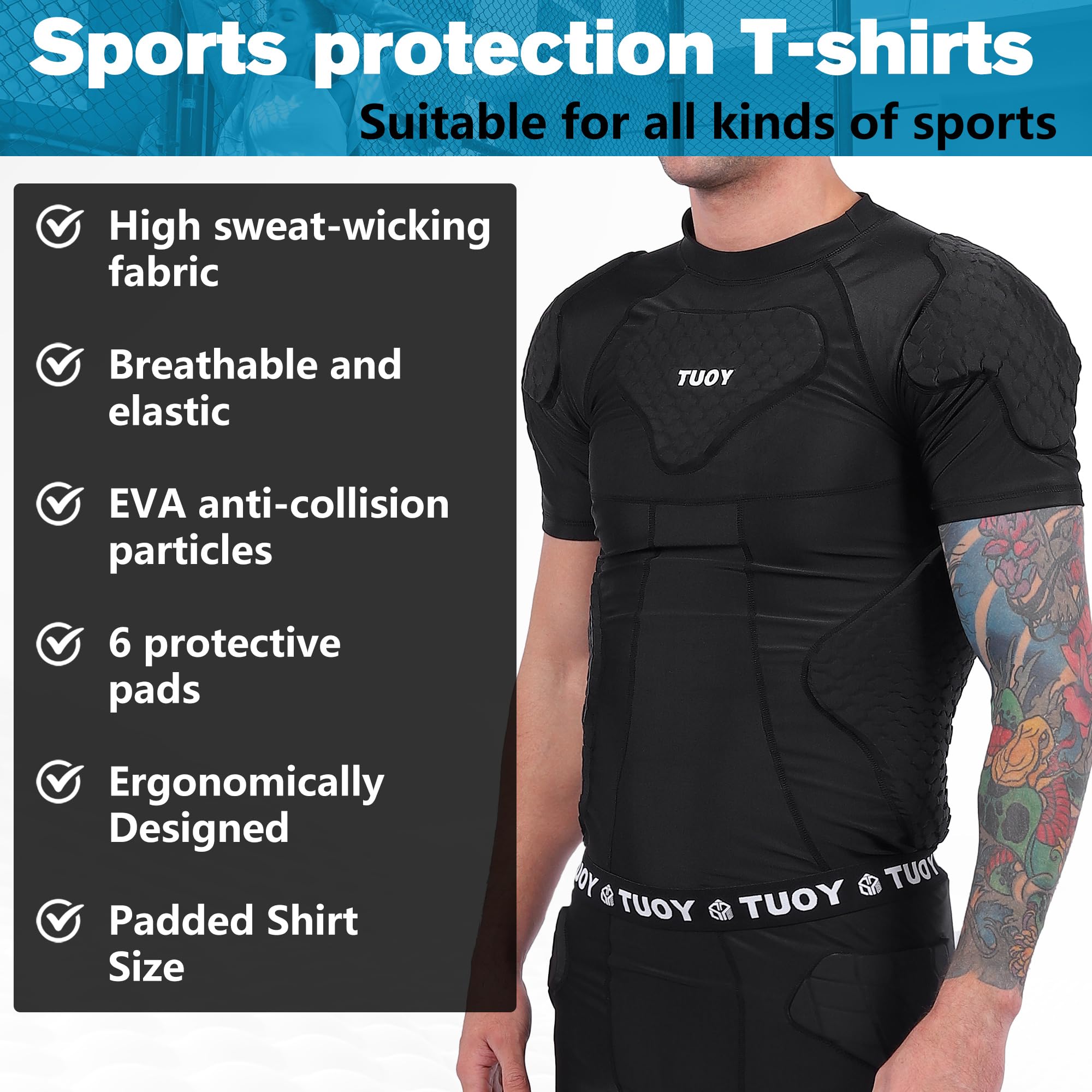 Camiseta de compresión acolchada para hombre, hombreras y protector de costillas, protector de pecho para adultos/jóvenes, béisbol, sóftbol, rugby, baloncesto, equipo de protección negro