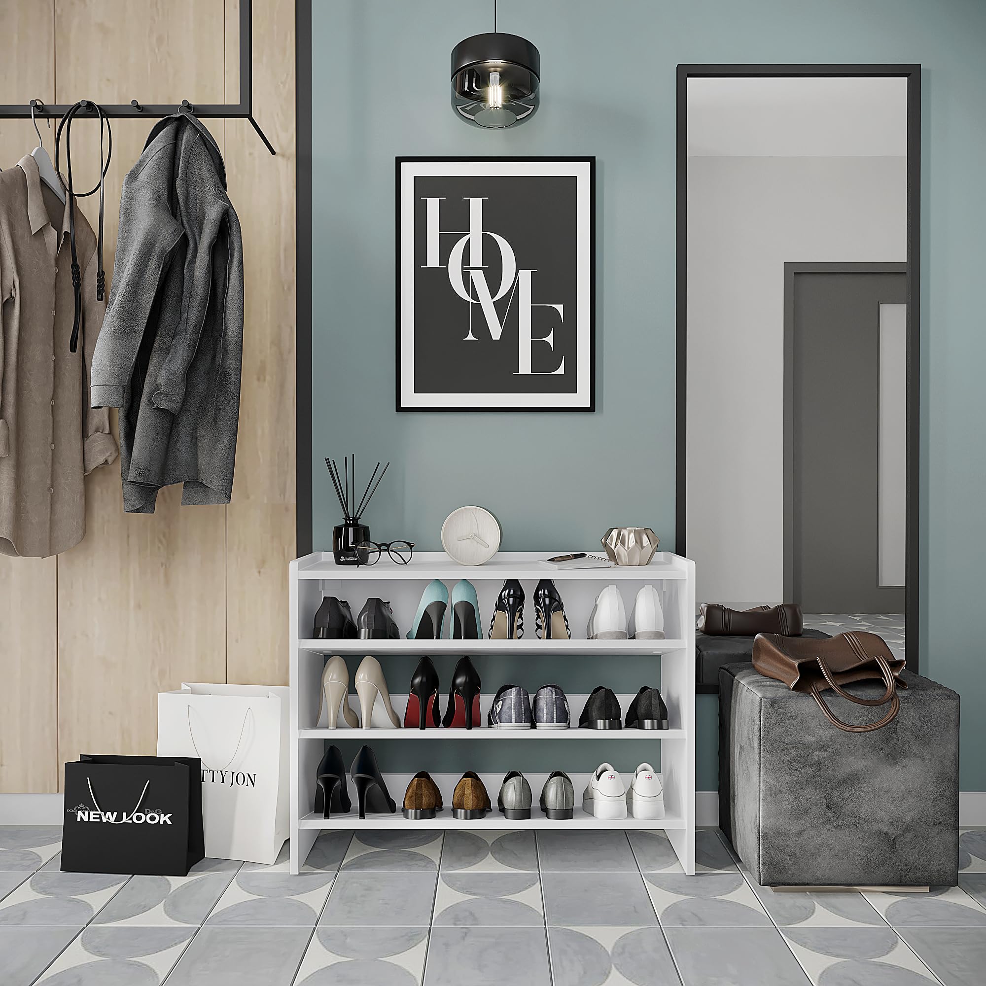 KOMTO Schuhregal Schmal - Schuhablage Flur mit 3 Ebenen Offener Schuhschrank Schuh Organizer Platzsparend | Elexis Weiß 80 x 25 x 60 cm