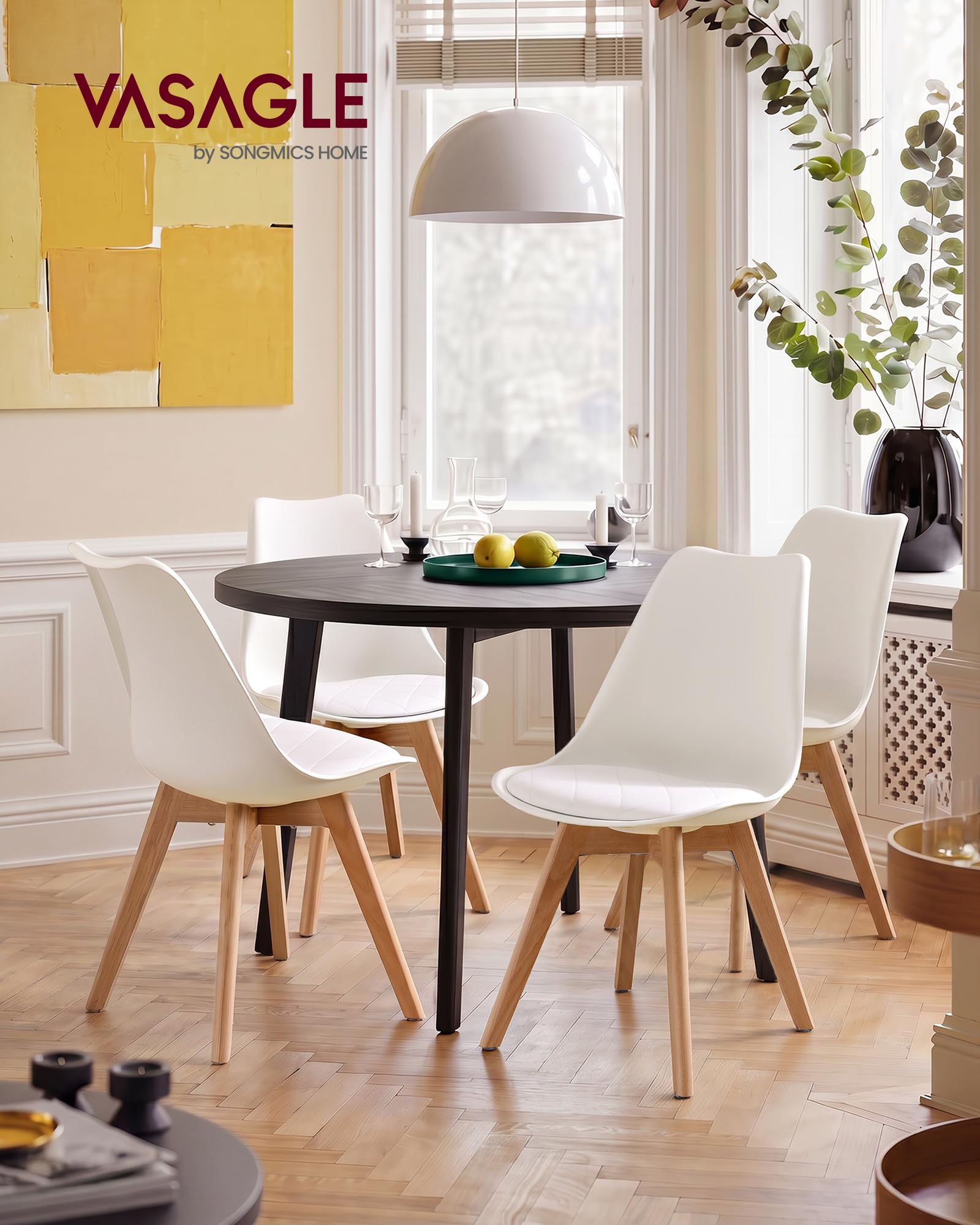 VASAGLE Esszimmerstühle aus PU-Leder und Buchenholz, Gepolsterte Küchenstühle, 2er Set, 46,5 x 57 x 79 cm, Hellwarmweiß, für Esszimmer und Büro, Lenna Kollektion KDC988WD01