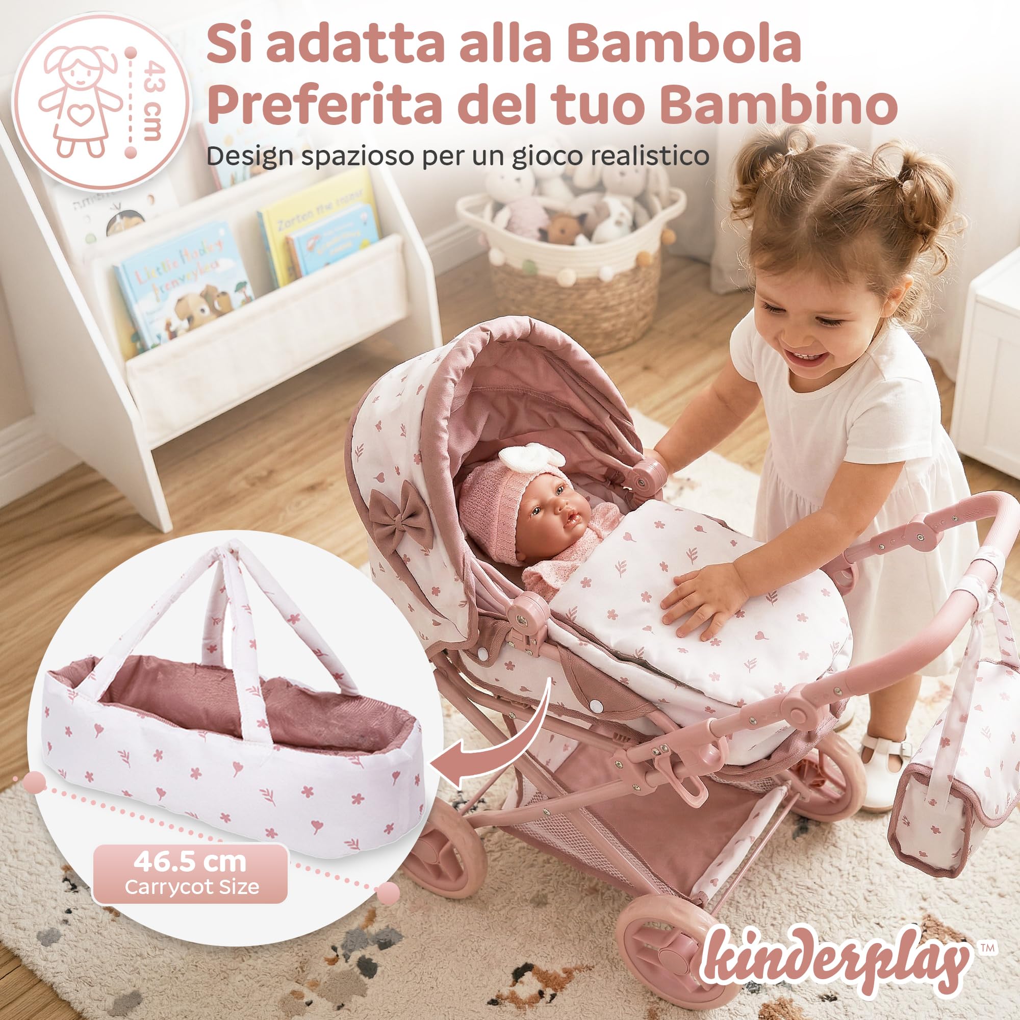 Kinderplay Passeggino per bambole 3 in 1 rosa con borsa per il trasporto – Passeggino regolabile in altezza 36,5 – 64 cm, pieghevole, ruote in schiuma silenziose, per bambole fino a 40 cm, dai 3 anni