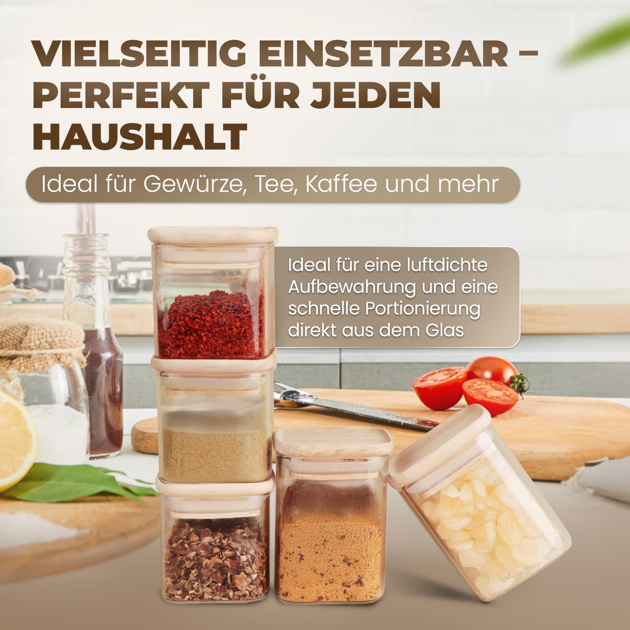 Stapelbare Gewürzgläser Set 150 ml Eckig - 12 Stück - Vorratsdosen aus Glas luftdicht - Bambus Holzdeckel - mit Etiketten & Kreidestift - Gewürzaufbewahrung, Küchenorganisation, Vorratsglas