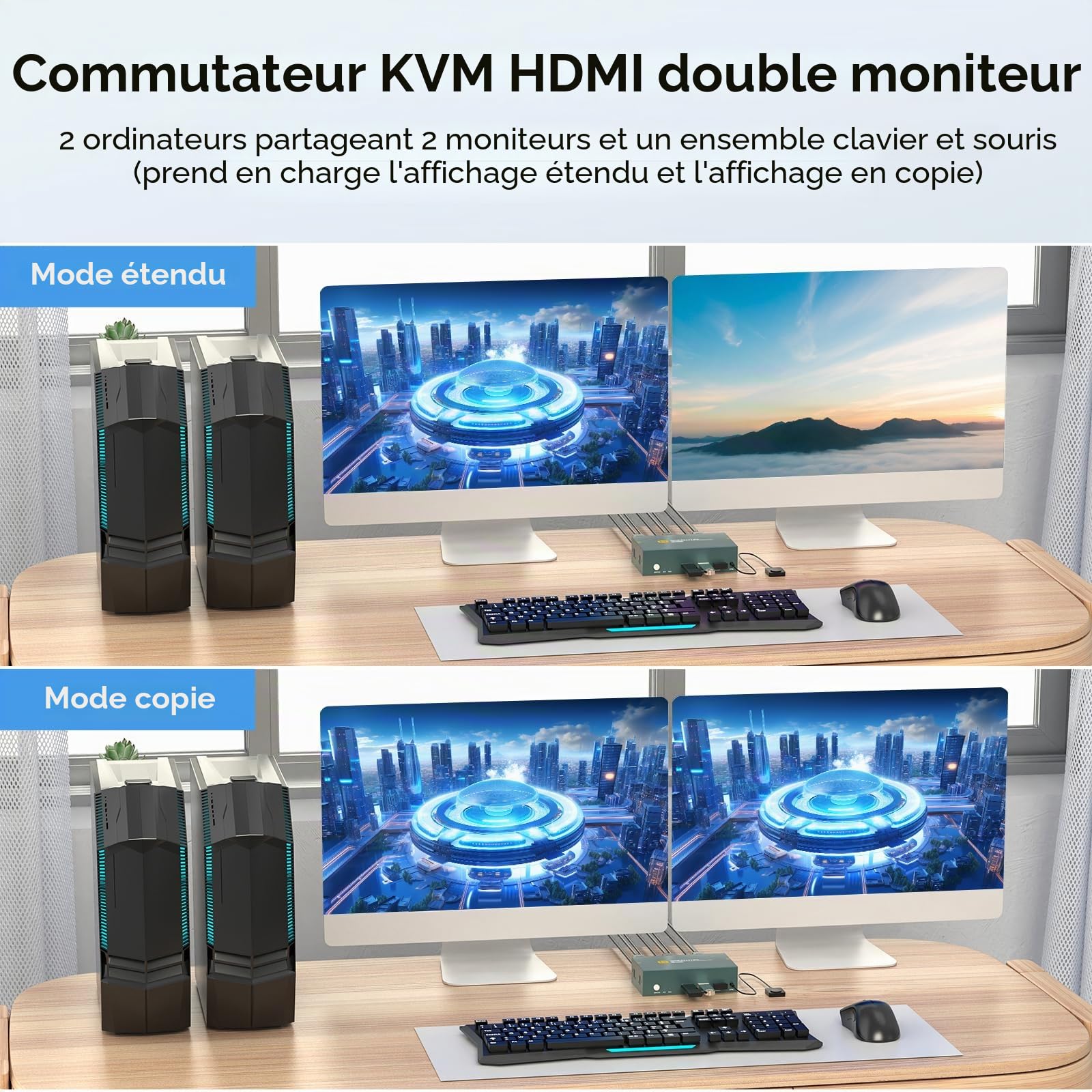 KVM Switch 2 PC 2 Moniteurs HDMI 4K@60Hz, Double Écran USB 3.0