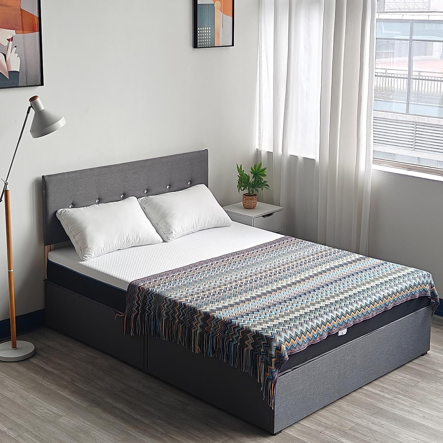 Panana Linen Fabric Bed Frame with 2 Drawers Storage and Adjustable Height Headboard, No Mattress (Crystals Grey, 4FT Small Double)