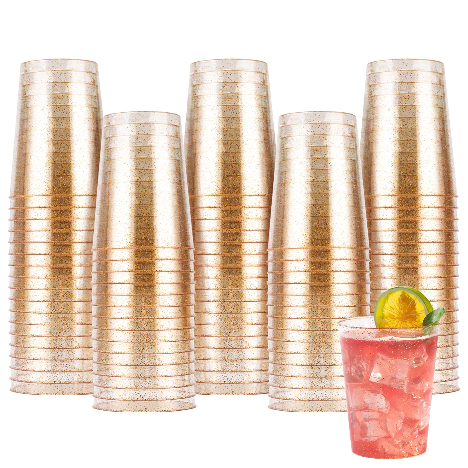 Goodluck 12 oz 100 PCS Gold Glitter Plastic Cups, Disposable Glitter Cups, Elegant Plastic Cocktail Glasses, Fancy Party Cups for Wedding, Birthday, Holiday