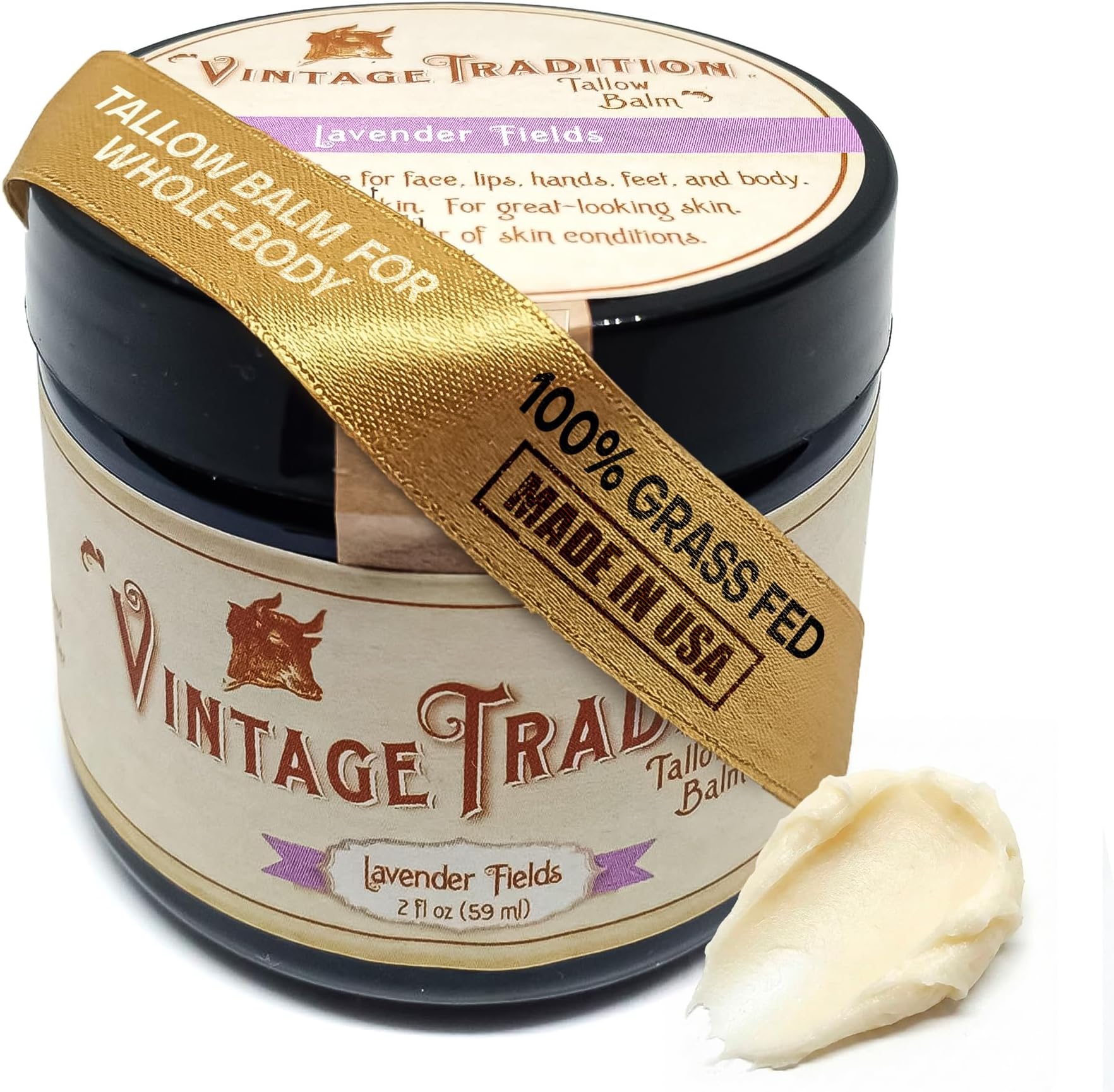 Vintage Tradition Lavender Fields The Original Beef Tallow Balm for Skin, Lavender Scent, Smooth Moisturizing Tallow Face and Body Balm, for calming skin care, 100% Grass Fed, 2 fl oz