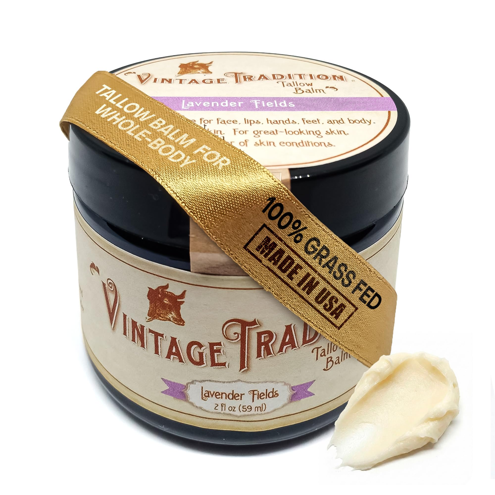 Vintage Tradition Beef Tallow All Purpose Balm – Healing, Hydrating Lavender Oil Skin Care Salve Replaces Body Lotion, Hand Cream, More – Essential Oil, Olive Oil, and Grass-Fed Tallow , 2 fl. oz.