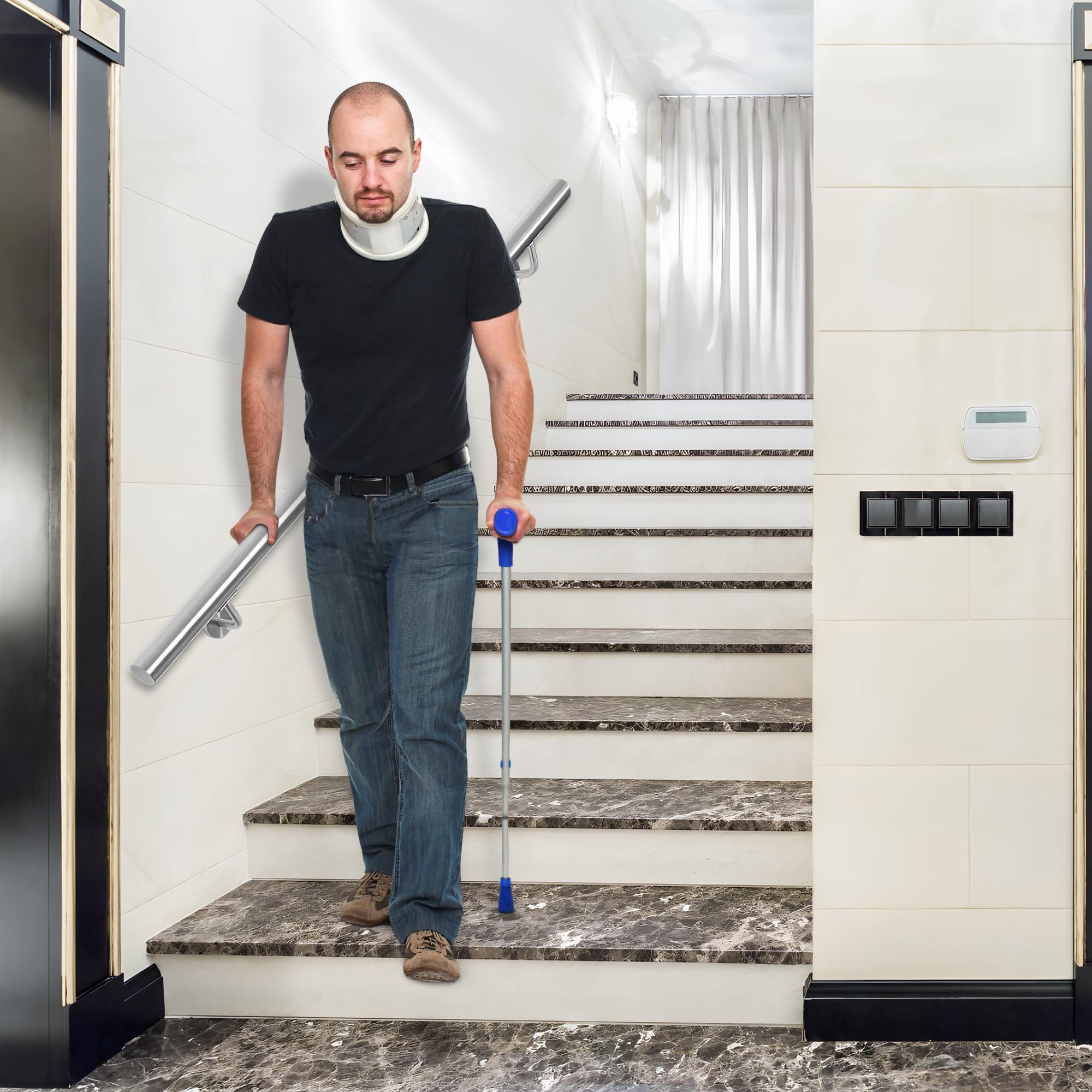 OUUTMEE - Corrimano in acciaio inox per scale da 150 cm, corrimano a parete con supporti, rotondo Ø 42 mm, corrimano interno ed esterno per soppalco, veranda, garage, terrazza