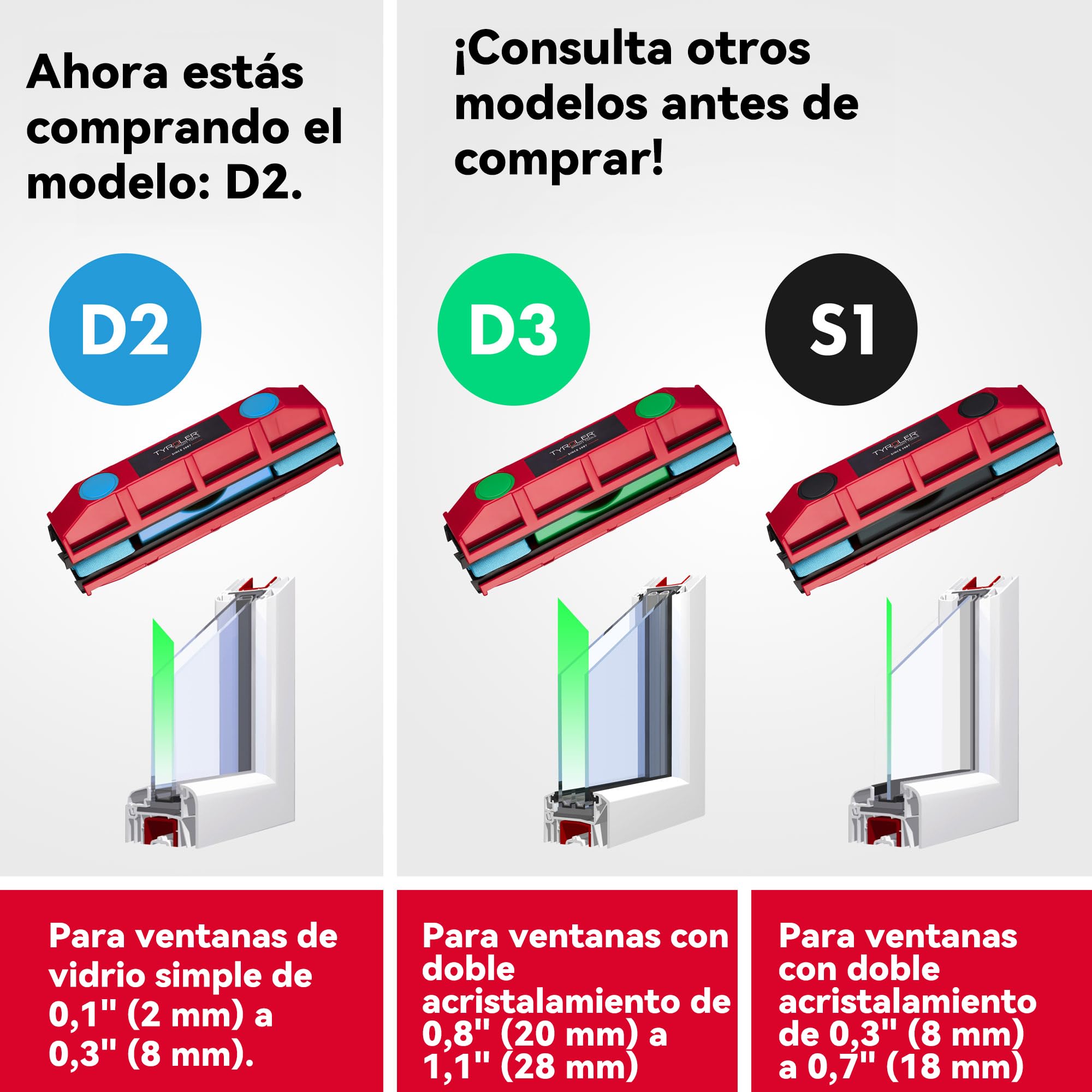 Tyroler Glider D-2 Limpiacristales Magnético Doble Cristal | Se Adapta a Ventanas de Cristal Simple y Doble de 8-18 mm | Limpia Ventanas Magnético | Limpiador de Cristales Magnético