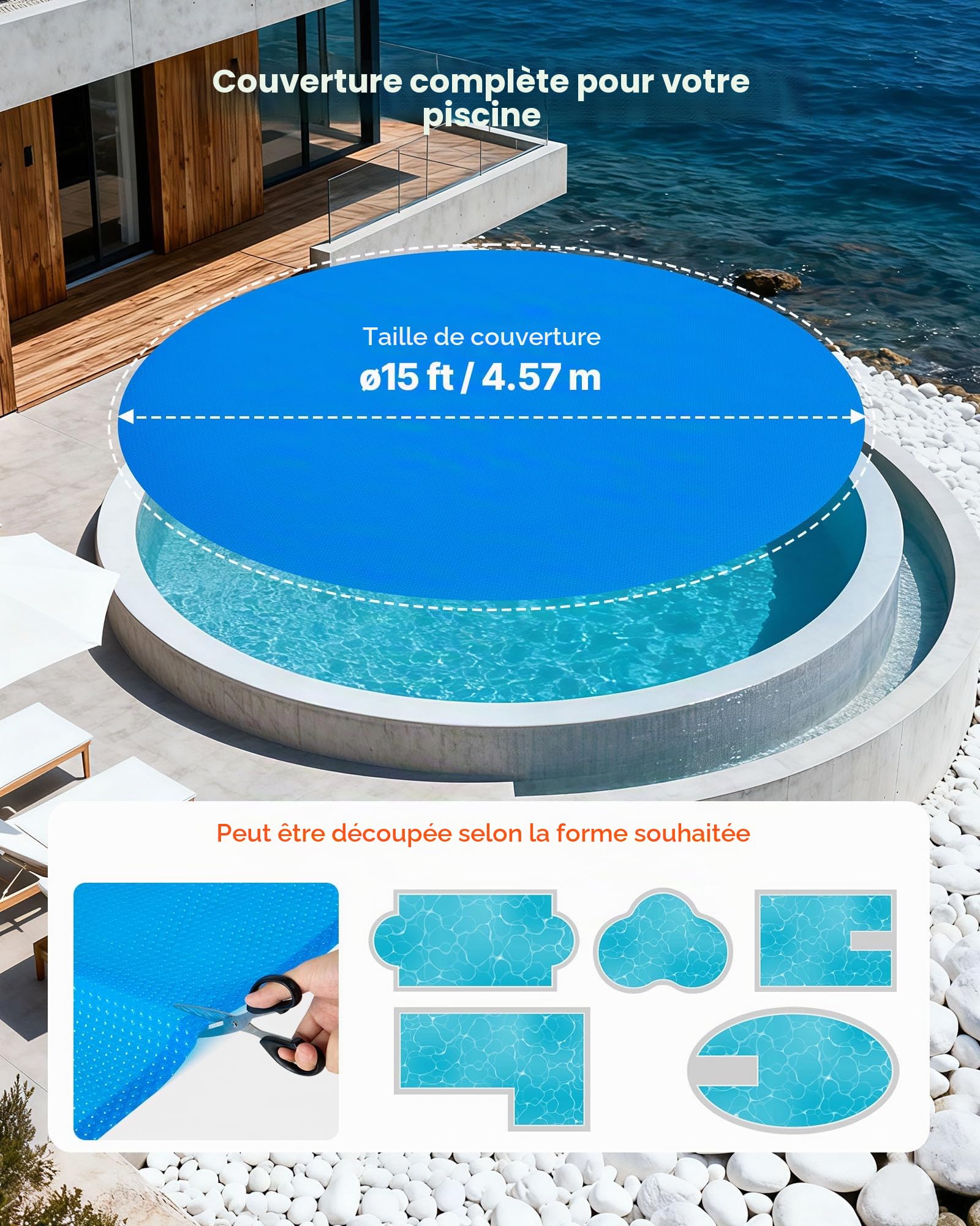 VEVOR Bâche Solaire Piscine Ronde 4,57 m Couverture Solaire Piscine Bâche à Bulles 0,3 mm en Polyéthylène PE Absorption de Chaleur Jour et Rétention Chaleur Nuit pour Piscines Hors Sol Creusées, Bleu