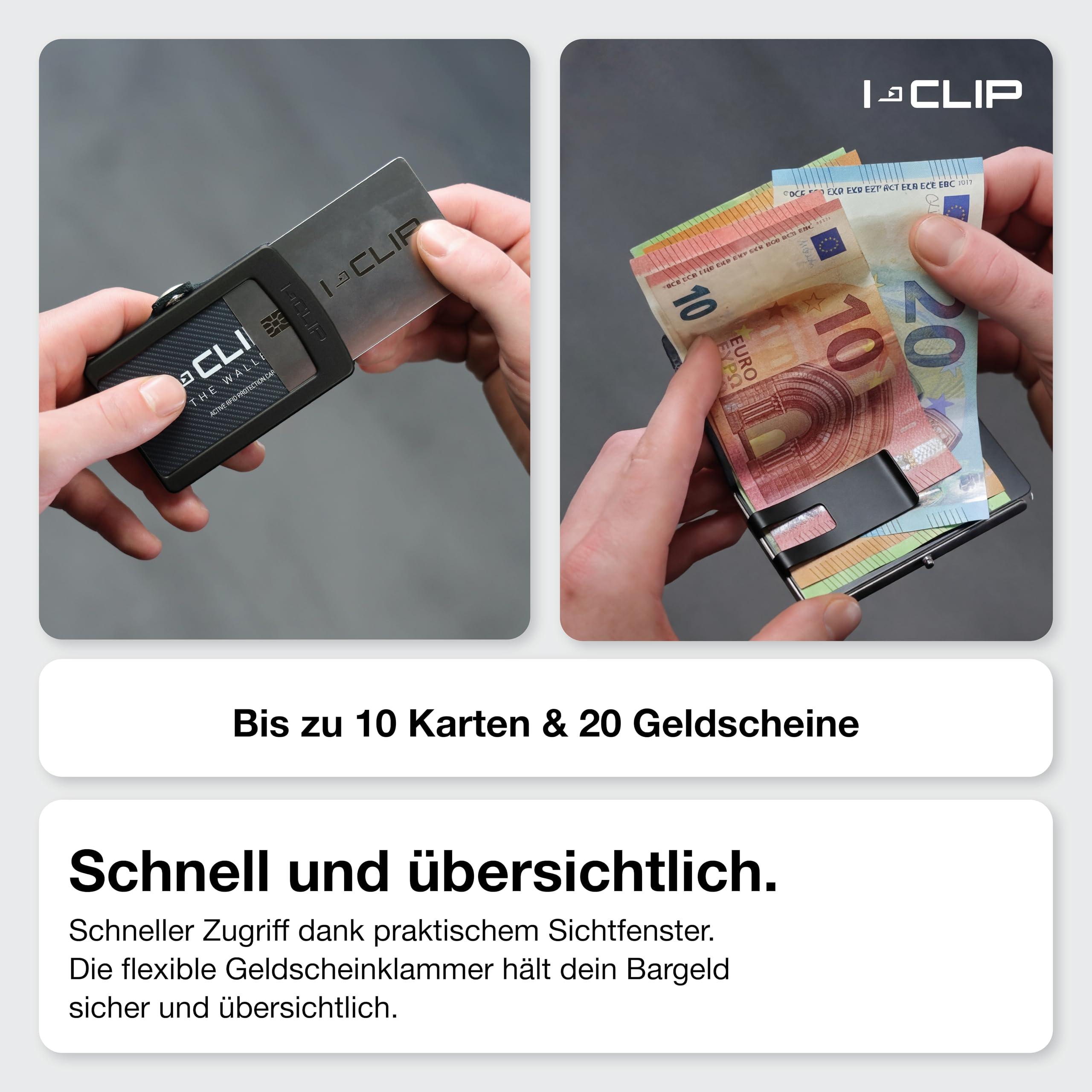 I-CLIP Original Geldbörse mit Münzfach - Slim Wallet - Leder Geldbörse mit Geldklammer - Schwarz mit schwarzem Rahmen