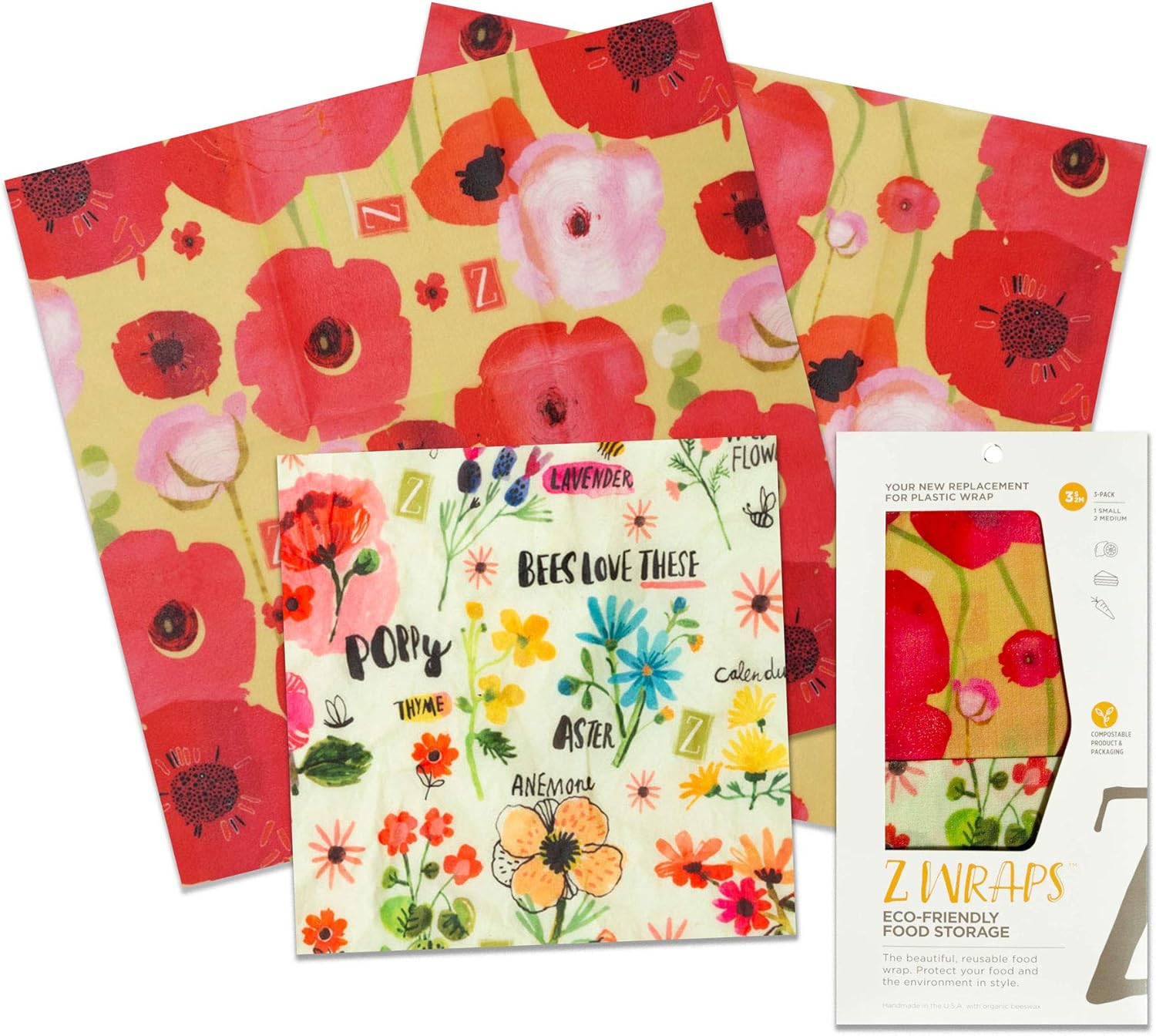 Z Wraps - Reusable Beeswax Food Wraps - Assorted 3-Pack (1 Sm, 2 Med) - Made in USA with 100-Precent Cotton, Organic Beeswax and Jojoba Oil - (Bees, Poppy)
