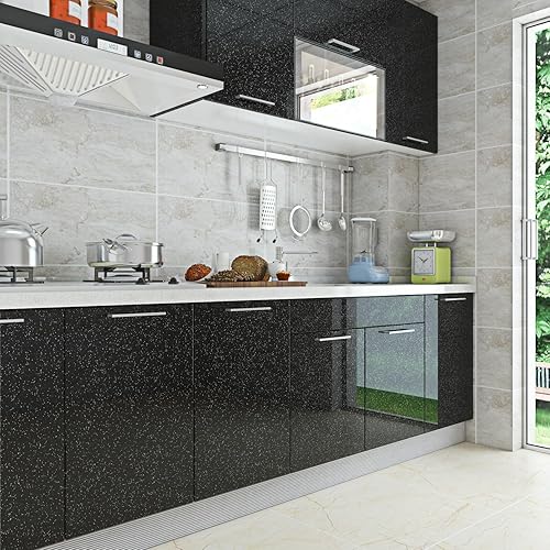Miniatura 4 de Livelynine Papel pintado autoadhesivo negro 15.8 x 394 pulgadas brillante negro decoración de papel de pared gabinete de cocina cubierta extraíble