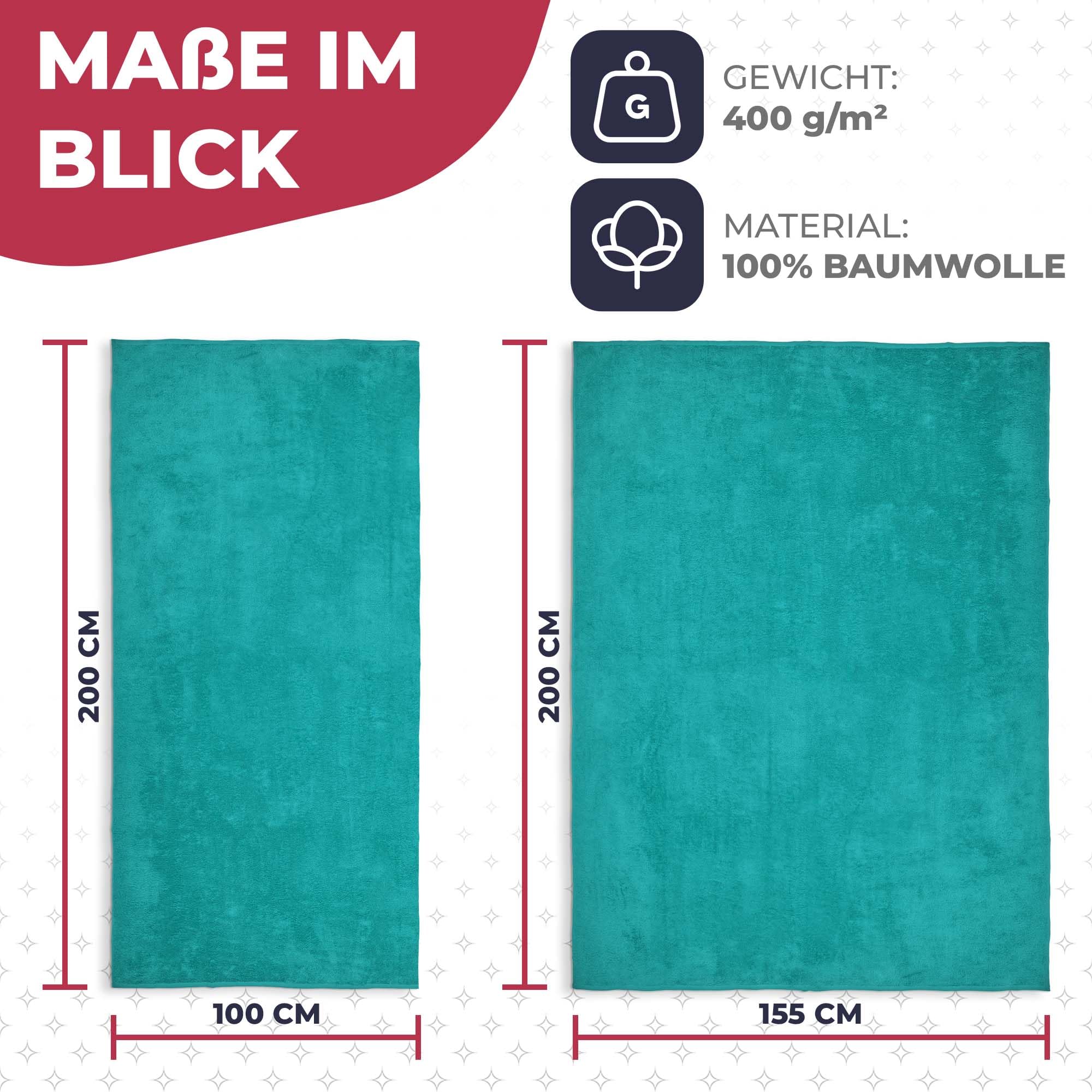 Strandtuch XXL Türkis, 100% Baumwolle, 155x220cm - XXL Strandhandtuch - Badetuch in Übergröße - Duschhandtuch, Badehandtuch & Saunatuch 100x220cm