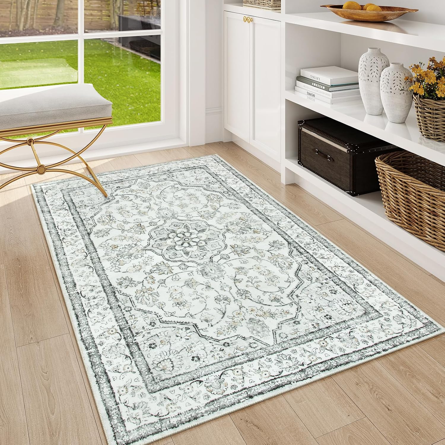 Lahome Oriental 3x5 Rug,Washable Entry Rugs for Inside House Non-Slip,Boho Grey Rugs for Living Room,Traditional Vintage Bathroom Carpet Thin Throw Rug for Bedroom Entryway Kitchen Helena,Light Gray