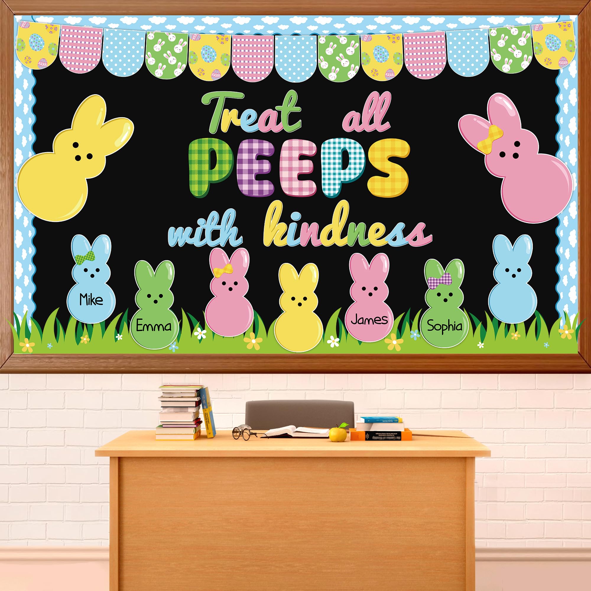 Easter Bunny Bulletin Board Set Classroom Decor Easter Peeps Bulletin Board Set with Treat All Peeps Kindness-Themed Letters Spring Bunny Paper Cutouts for School Wall Classroom Door Teacher Supplies