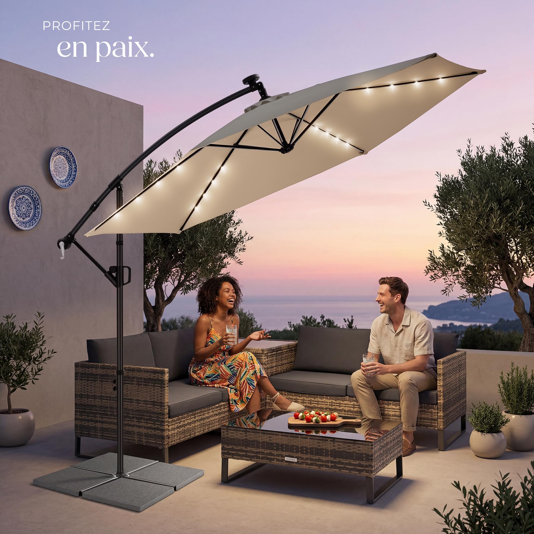 tectake® Parasol déporté, 3 x 3 m avec Eclairage LED, Pivotant à 360°, Inclinable de 90° à 135°, UV 50+, Panneau solaire, Parasol de jardin exterieur, Terrasse, Balcon, Divers Coloris