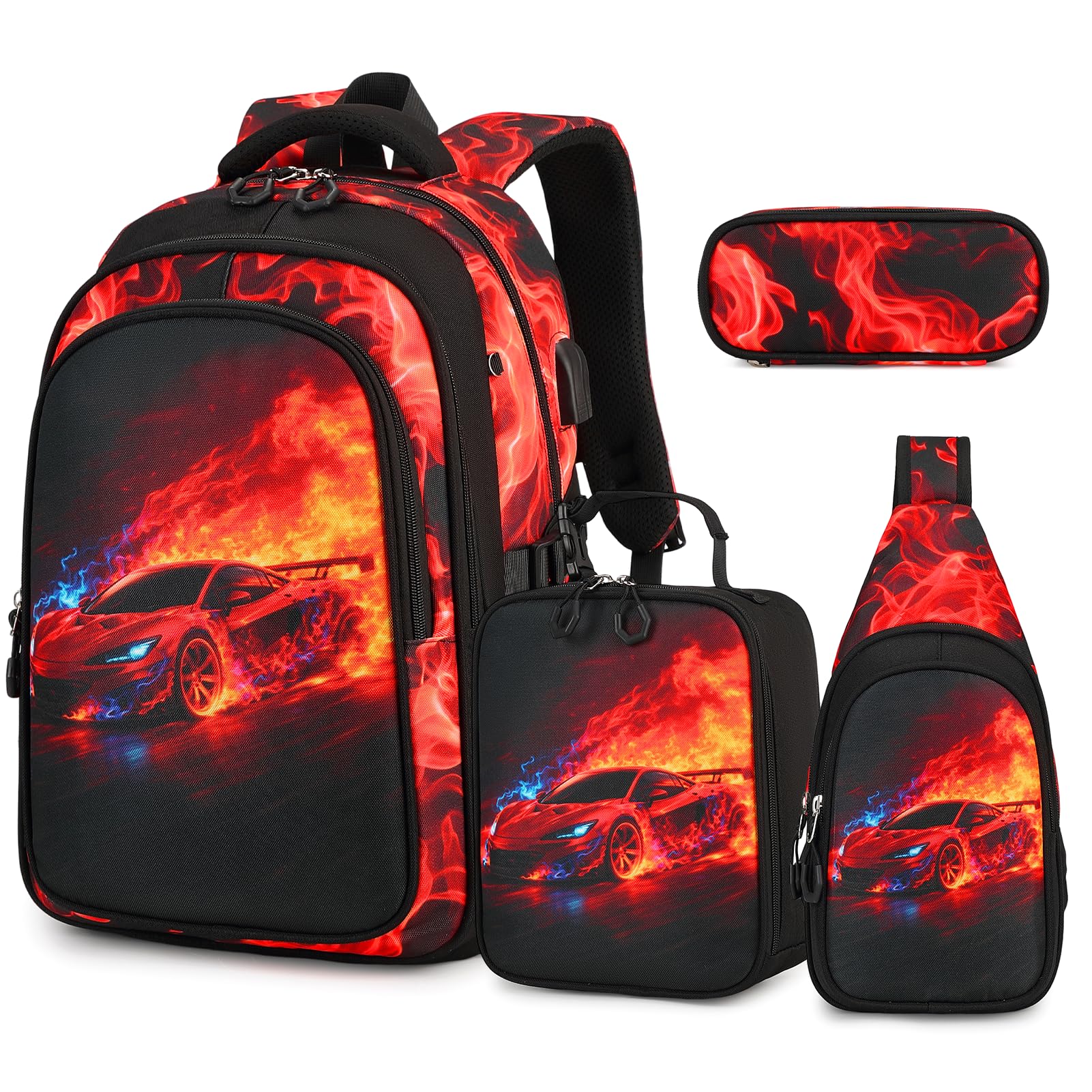 Backpack for Boys, 4PCS Cool Flame School Bags Car