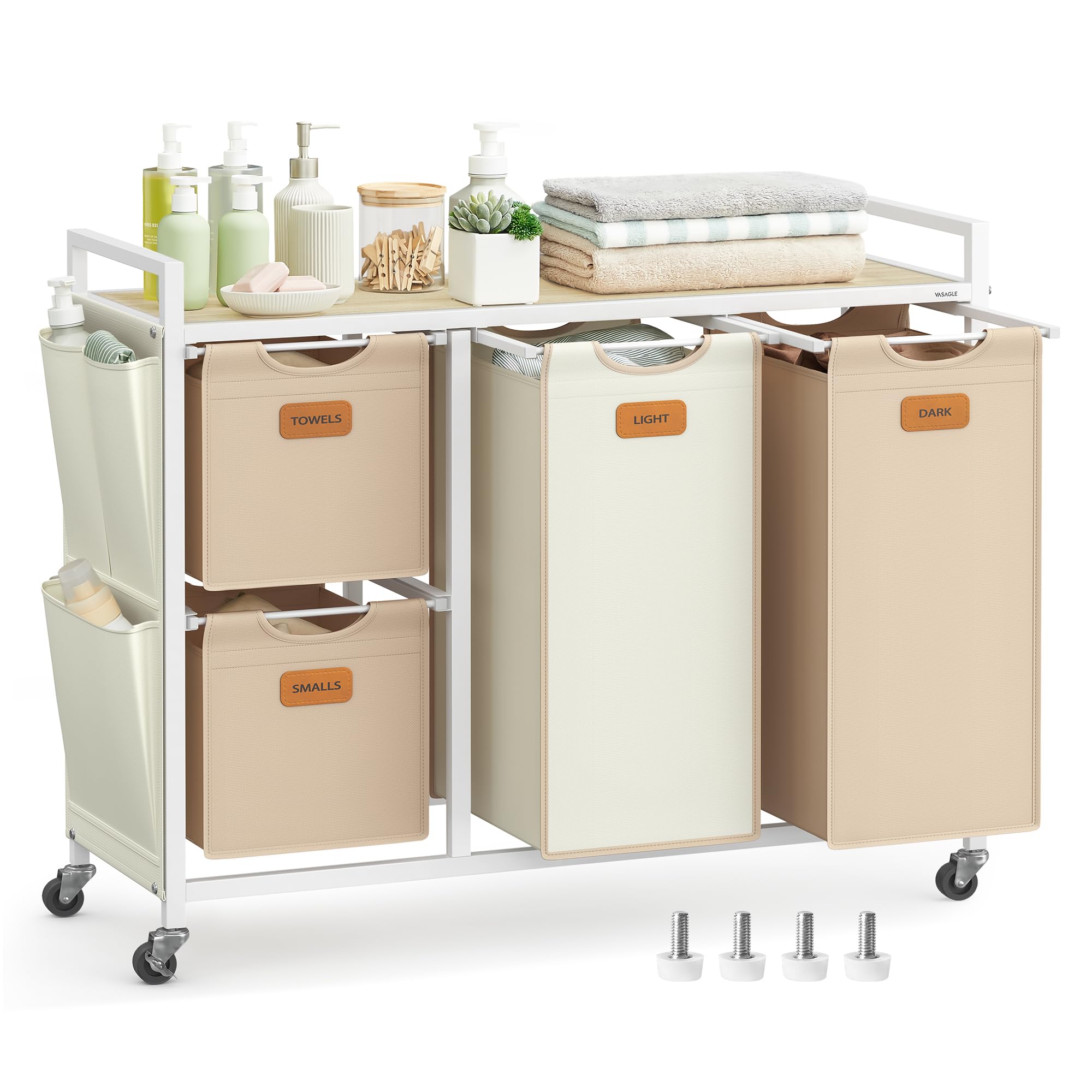 VASAGLE Wäschekorb, Wäschesammler, Wäschesortierer, Rollen, Wäschewagen mit Ablage, kleine seitliche Taschen, 6 Etiketten, 4 Fächer, 150 L, naturbeige-kamelbraun-cremeweiß BLH203N01