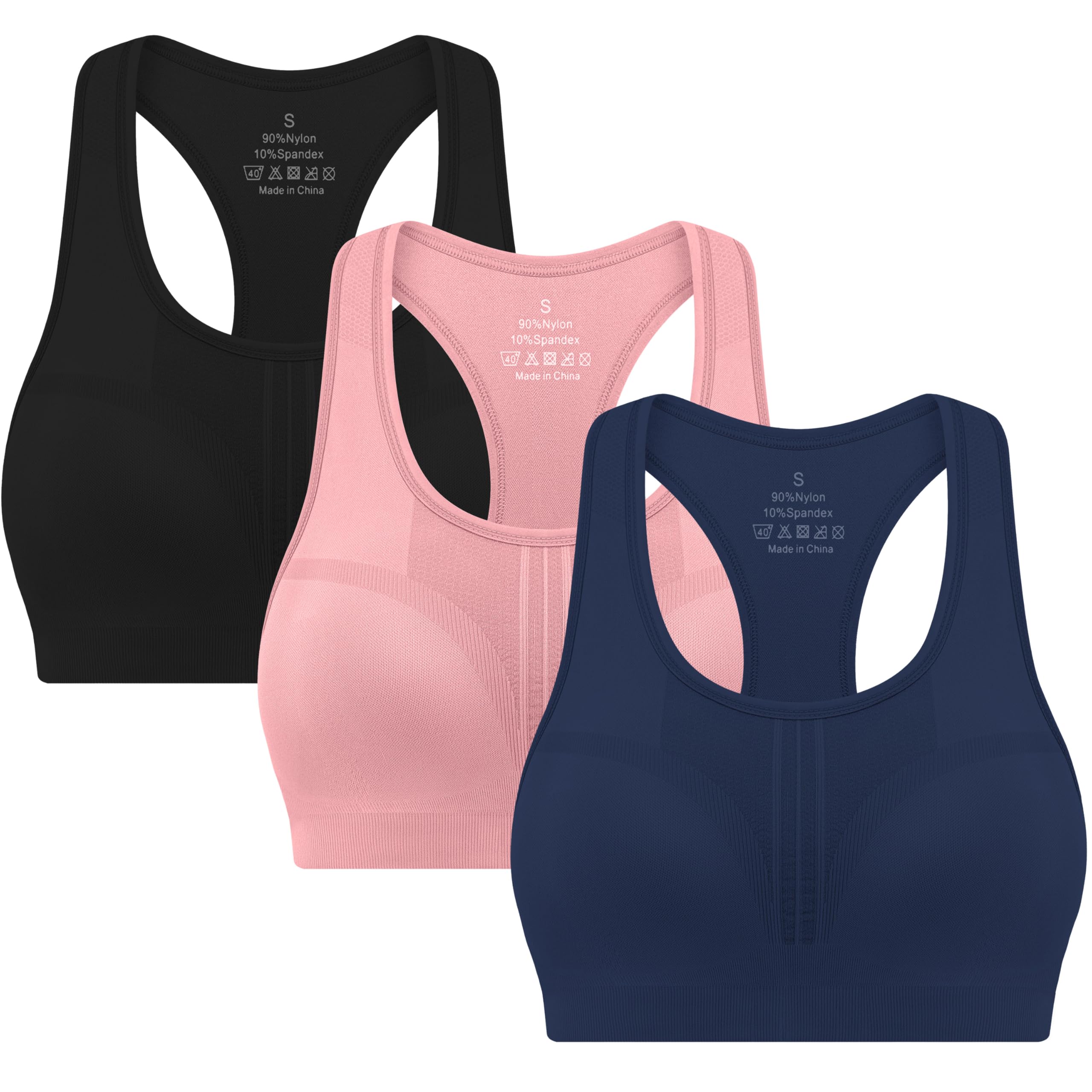 3-Pack High Impact Racerback Sports Bras for Women - Padded Wirefree Workout Bra for Fitness Gym Yoga