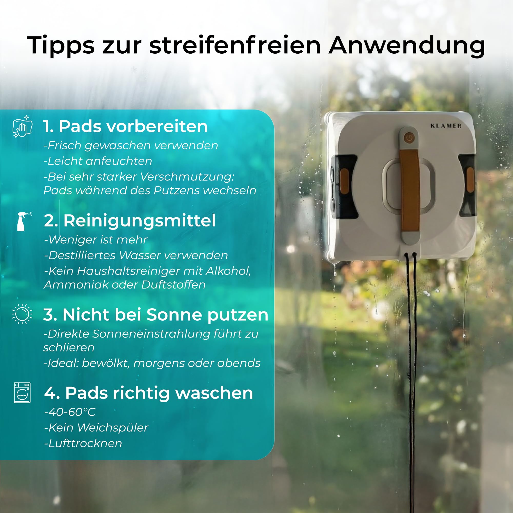 KLAMER Fensterputzroboter 3500 Pa – automatischer Fensterreiniger mit 100 ml Doppelwassertank, Nassreinigungsmodus & Rand-Erkennung, leise 60 dB, Absturzsicherung & Smart Pfadplanung