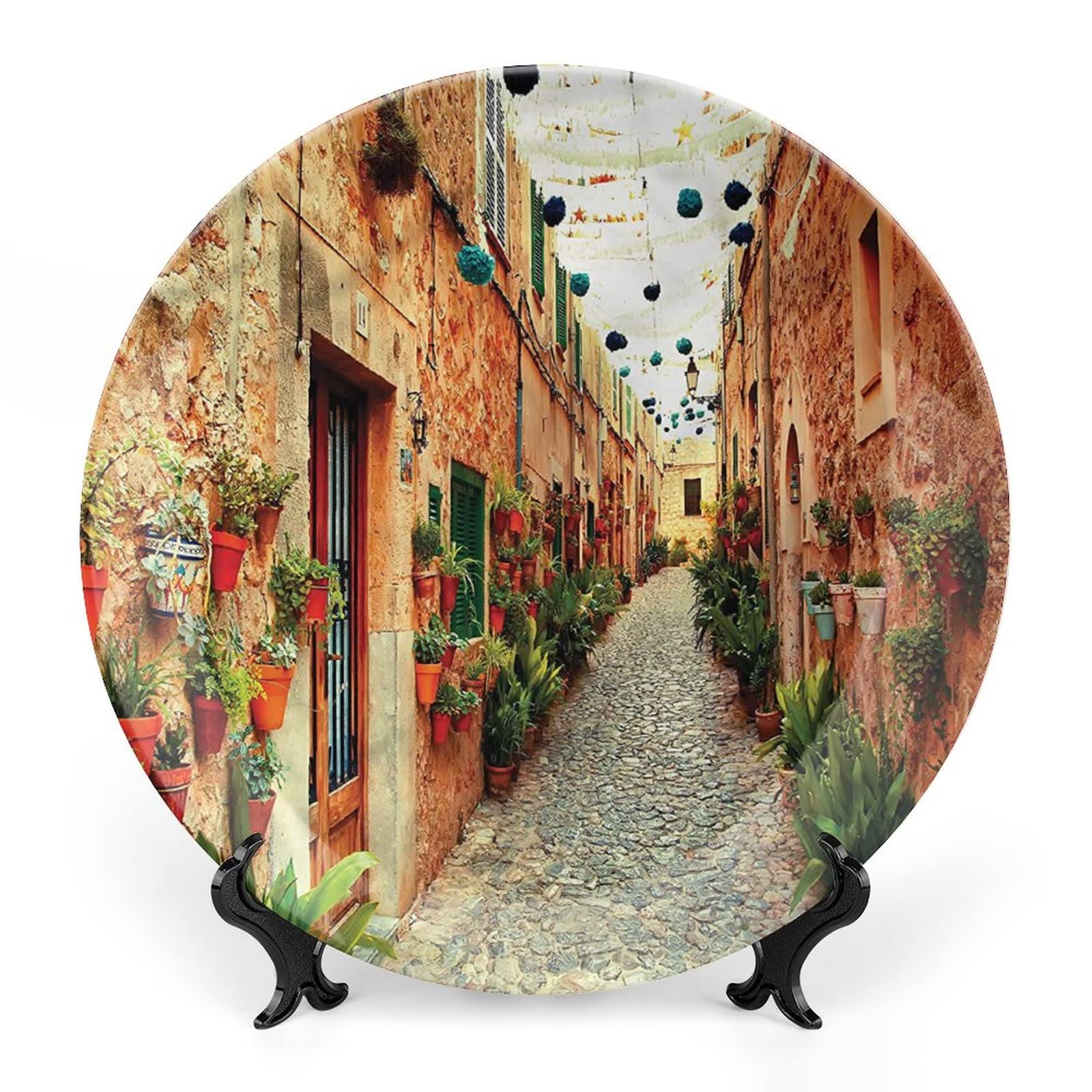 XISUNYA 10 Inch Decorative Plate, European Ceramic Craft, Spanish Alley Rock Houses Print Ceramic Wall Hanging Decor Accessory for Dining Table