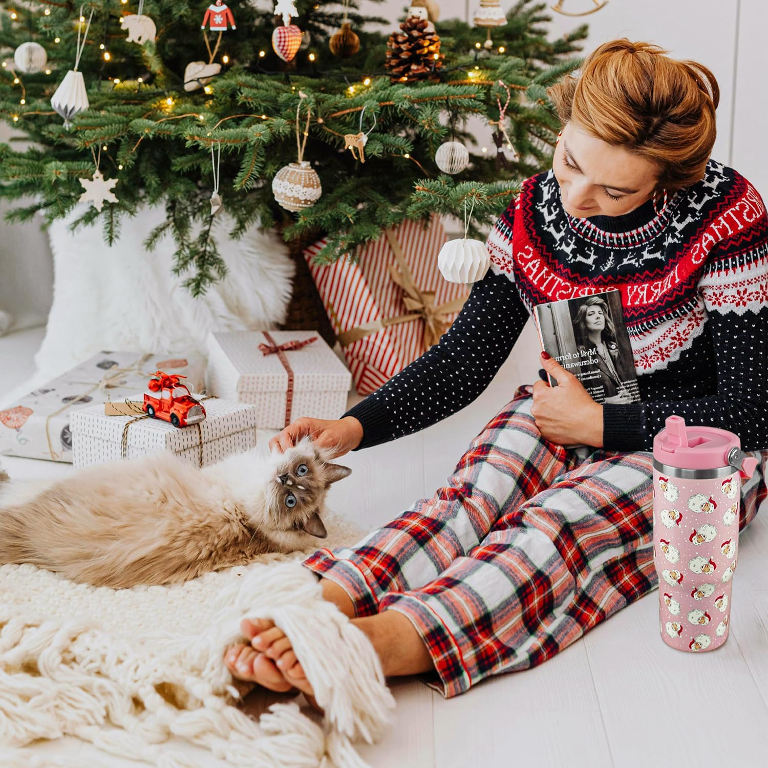 30 oz Christmas Tumbler Santa Claus Coffee Mug Leak Proof Insulated Cup with Handle Flip Straw Water Bottle Xmas Winter Gifts Decor - Image 2